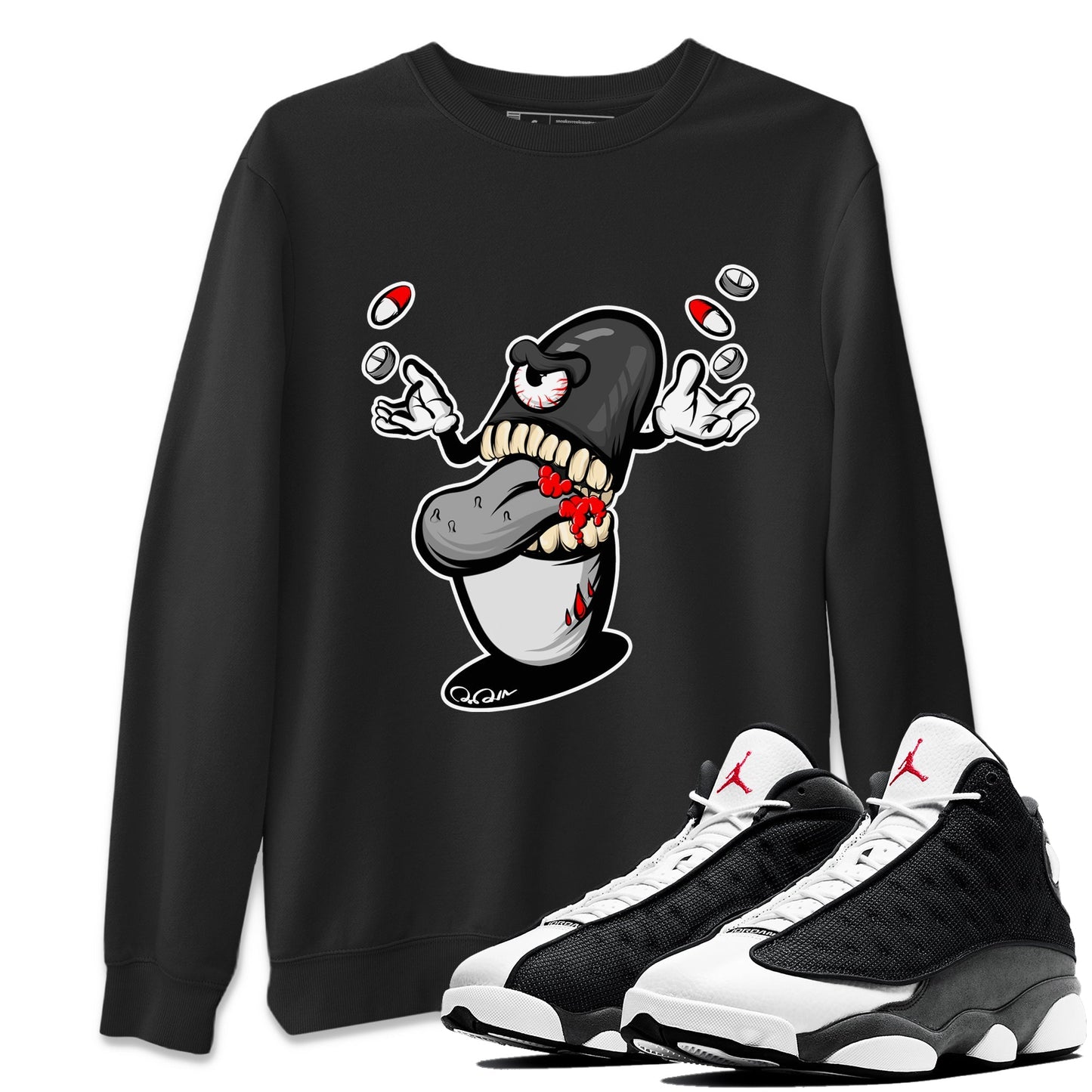Air Jordan 13 Black Flint Sneaker Match Tees Pill Monster Streetwear Sneaker Shirt AJ13 Retro Black Flint Sneaker Release Tees Unisex Shirts Black 1