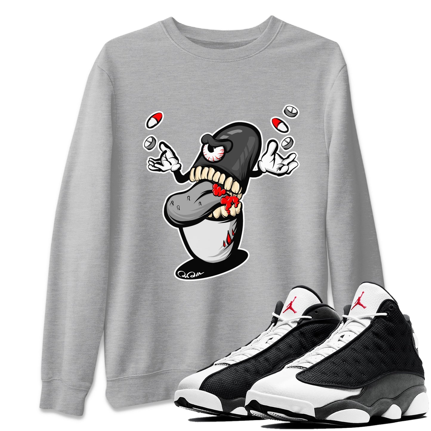 Air Jordan 13 Black Flint Sneaker Match Tees Pill Monster Streetwear Sneaker Shirt AJ13 Retro Black Flint Sneaker Release Tees Unisex Shirts Heather Grey 1