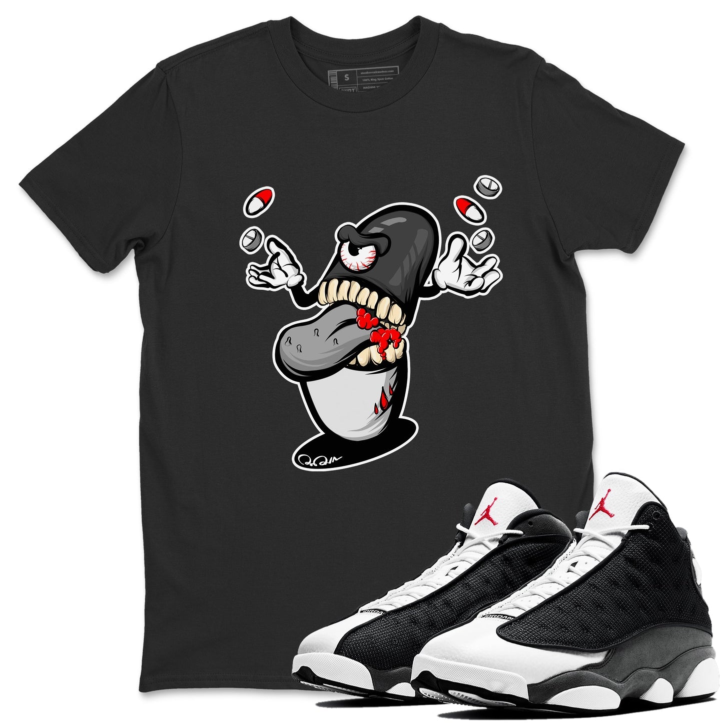 Air Jordan 13 Black Flint Sneaker Match Tees Pill Monster Streetwear Sneaker Shirt AJ13 Retro Black Flint Sneaker Release Tees Unisex Shirts Black 1