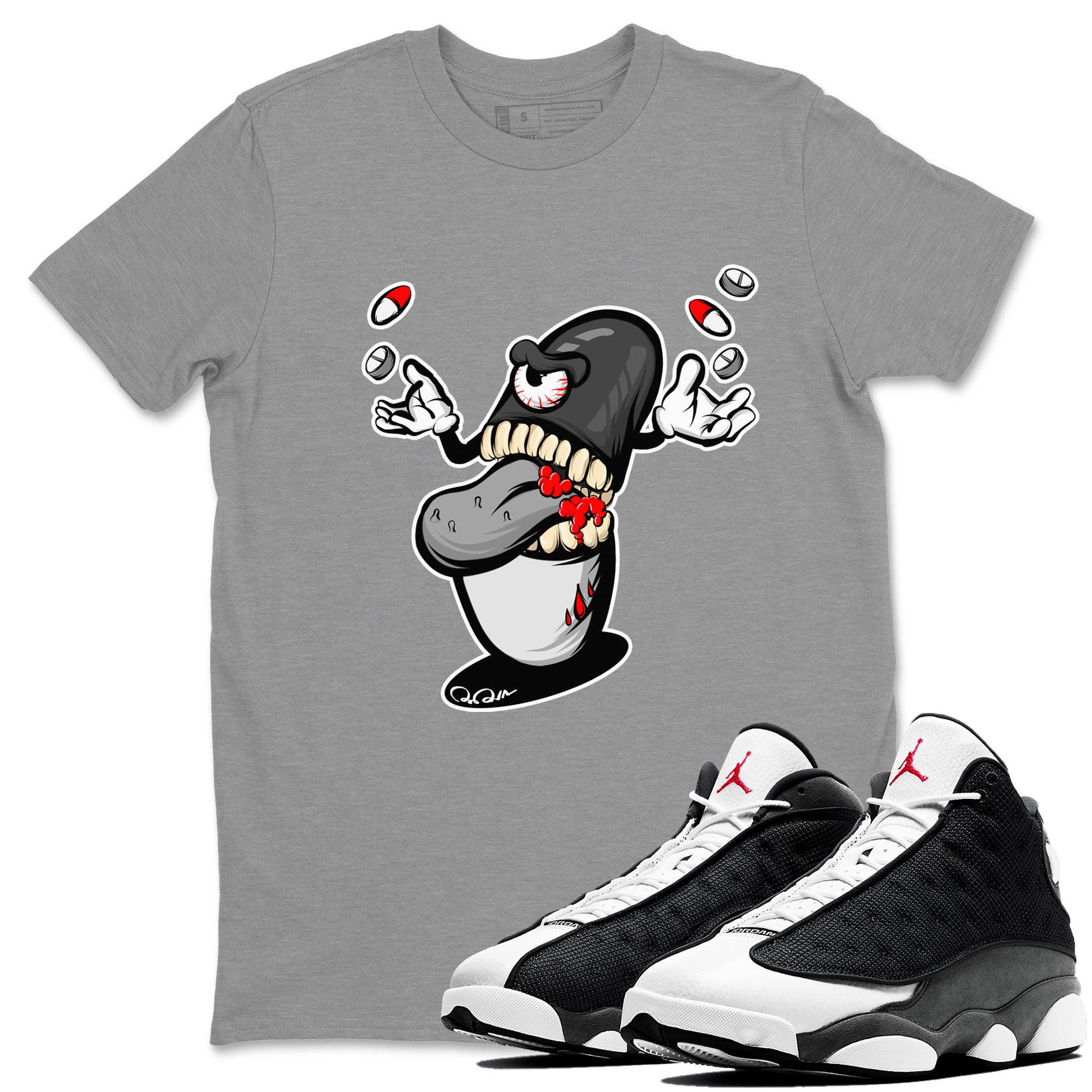 Air Jordan 13 Black Flint Sneaker Match Tees Pill Monster Streetwear Sneaker Shirt AJ13 Retro Black Flint Sneaker Release Tees Unisex Shirts Heather Grey 1
