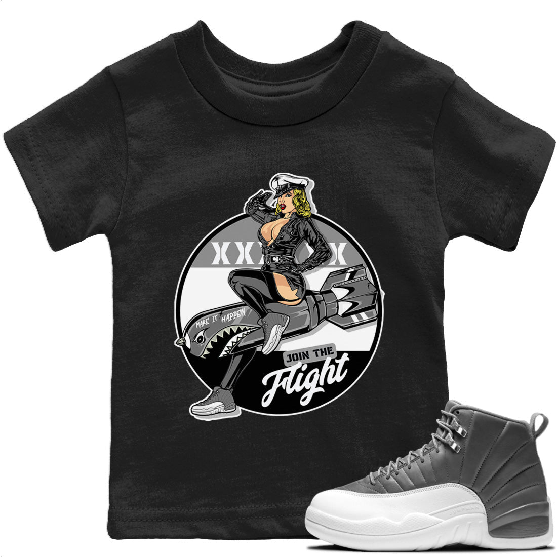 Jordan 12 Stealth Sneaker Matching T-Shirt Pin Up Girl Sneaker Tees Jordan 12 Stealth Sneaker Release Tees Kids Shirts