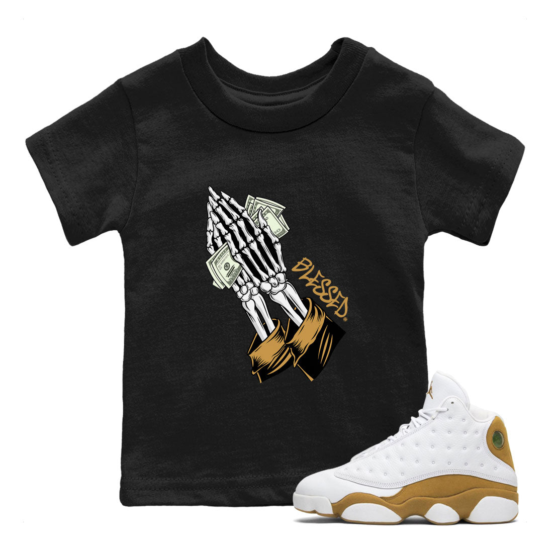 Jordan 13 Retro Wheat shirt to match jordans Praying Skeleton sneaker tees Air Jordan 13 Wheat Drip Gear Zone Sneaker Matching Clothing Brand Baby Toddler Black 1 T-Shirt
