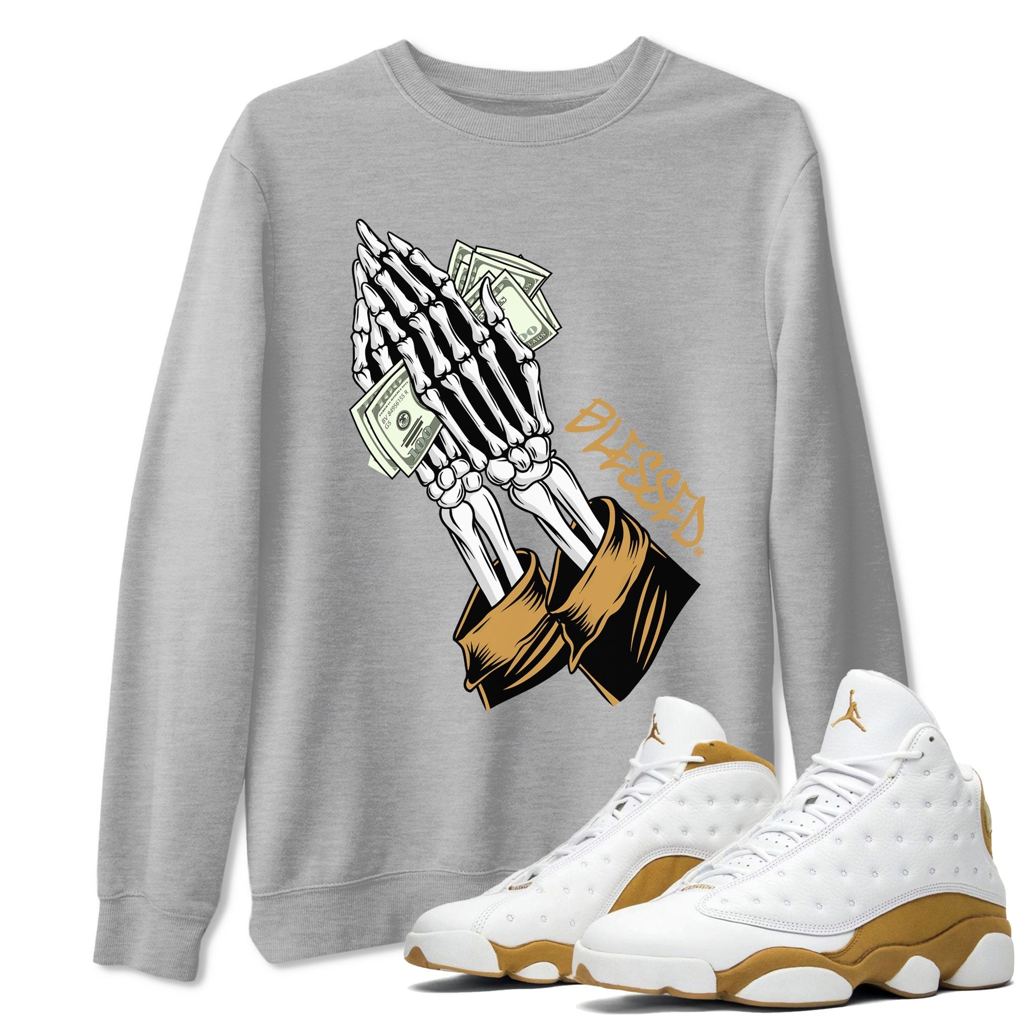 Jordan 13 Retro Wheat shirt to match jordans Praying Skeleton sneaker tees Air Jordan 13 Wheat Drip Gear Zone Sneaker Matching Clothing Brand Unisex Sneaker Tee Heather Grey 1 T-Shirt