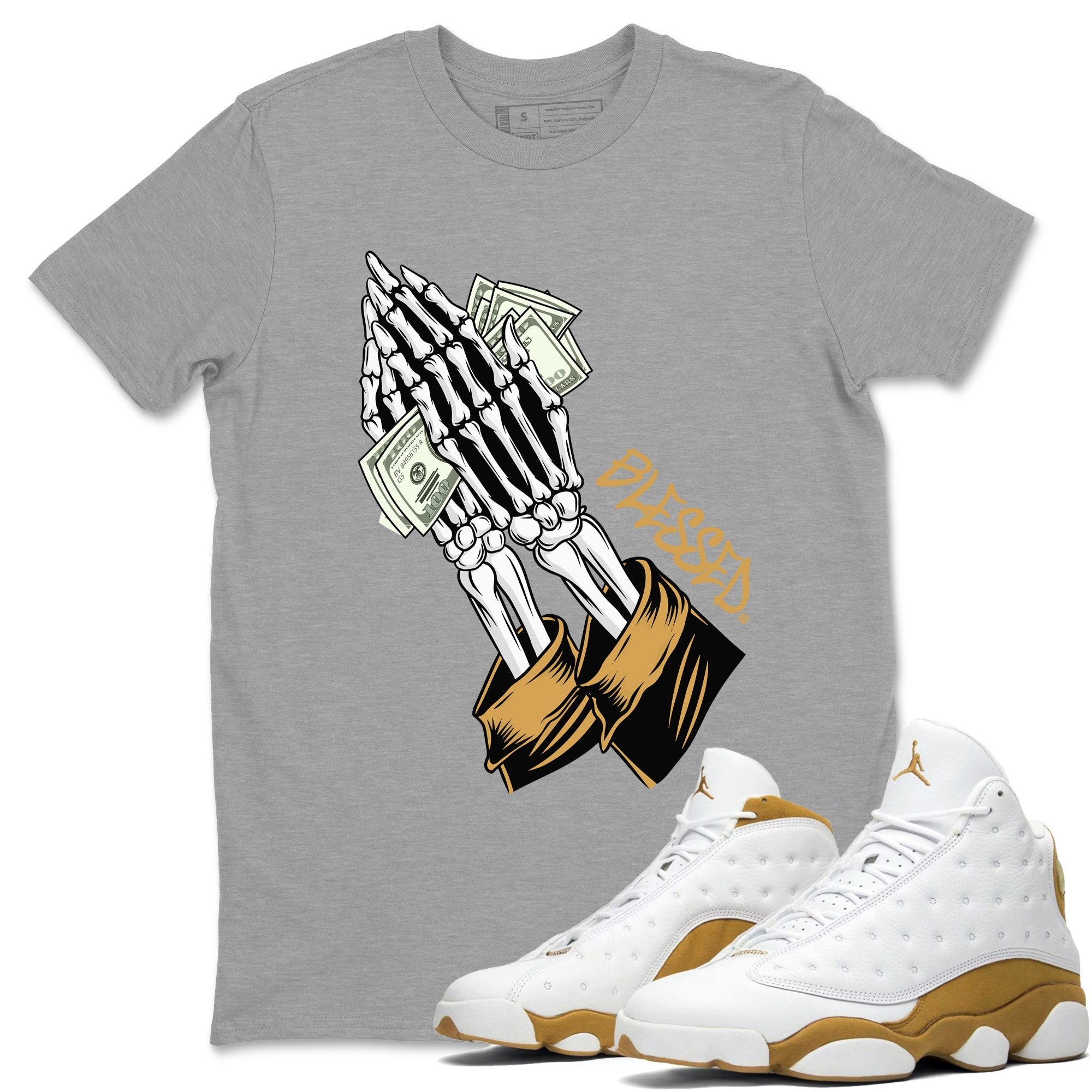 Jordan 13 Retro Wheat shirt to match jordans Praying Skeleton sneaker tees Air Jordan 13 Wheat Drip Gear Zone Sneaker Matching Clothing Brand Unisex Sneaker Tee Heather Grey 1 T-Shirt