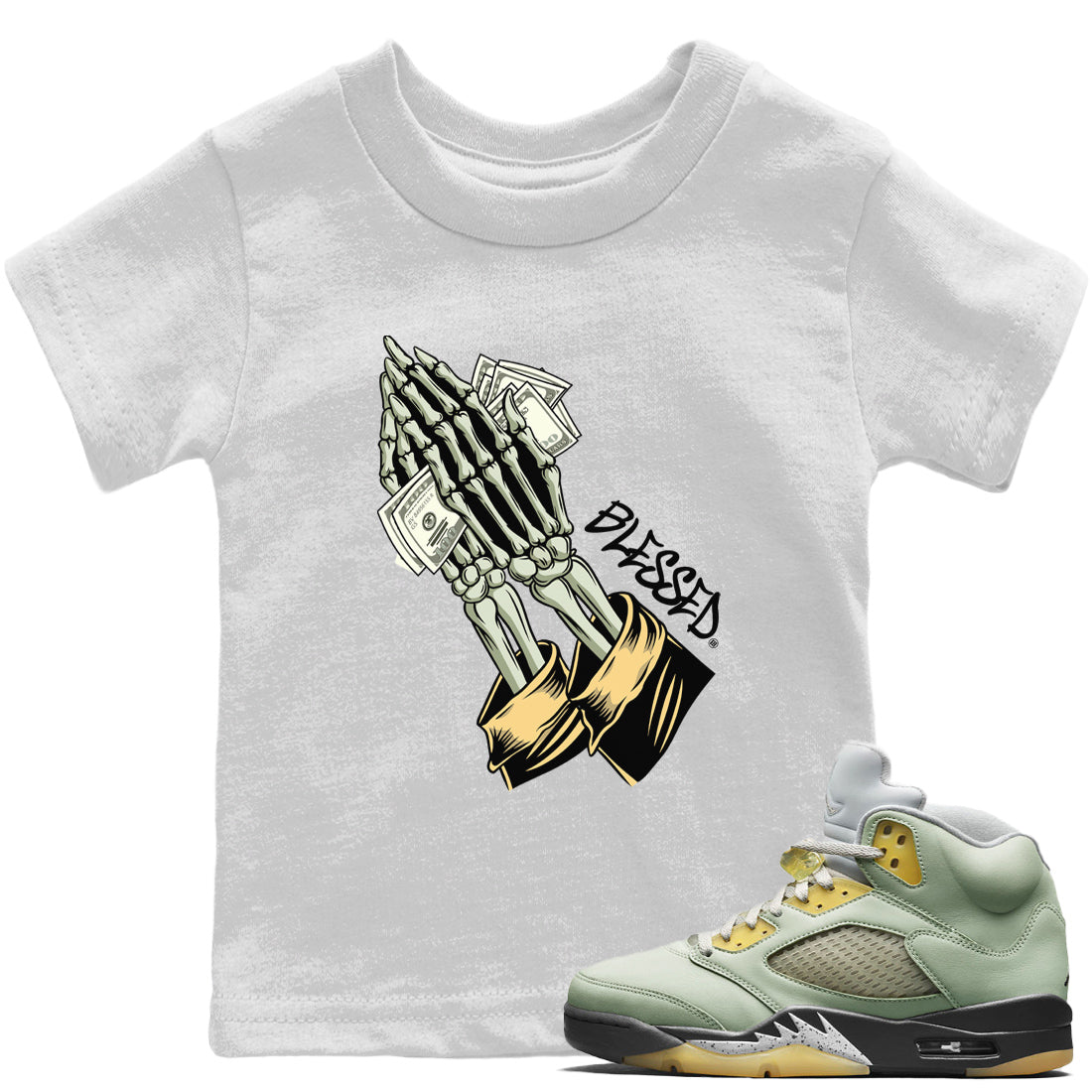 Jordan 5 Jade Horizon Sneaker Matching T-Shirt Praying Skeleton Sneaker Tees Jordan 5 Jade Horizon Sneaker Release Tees Kids Shirts