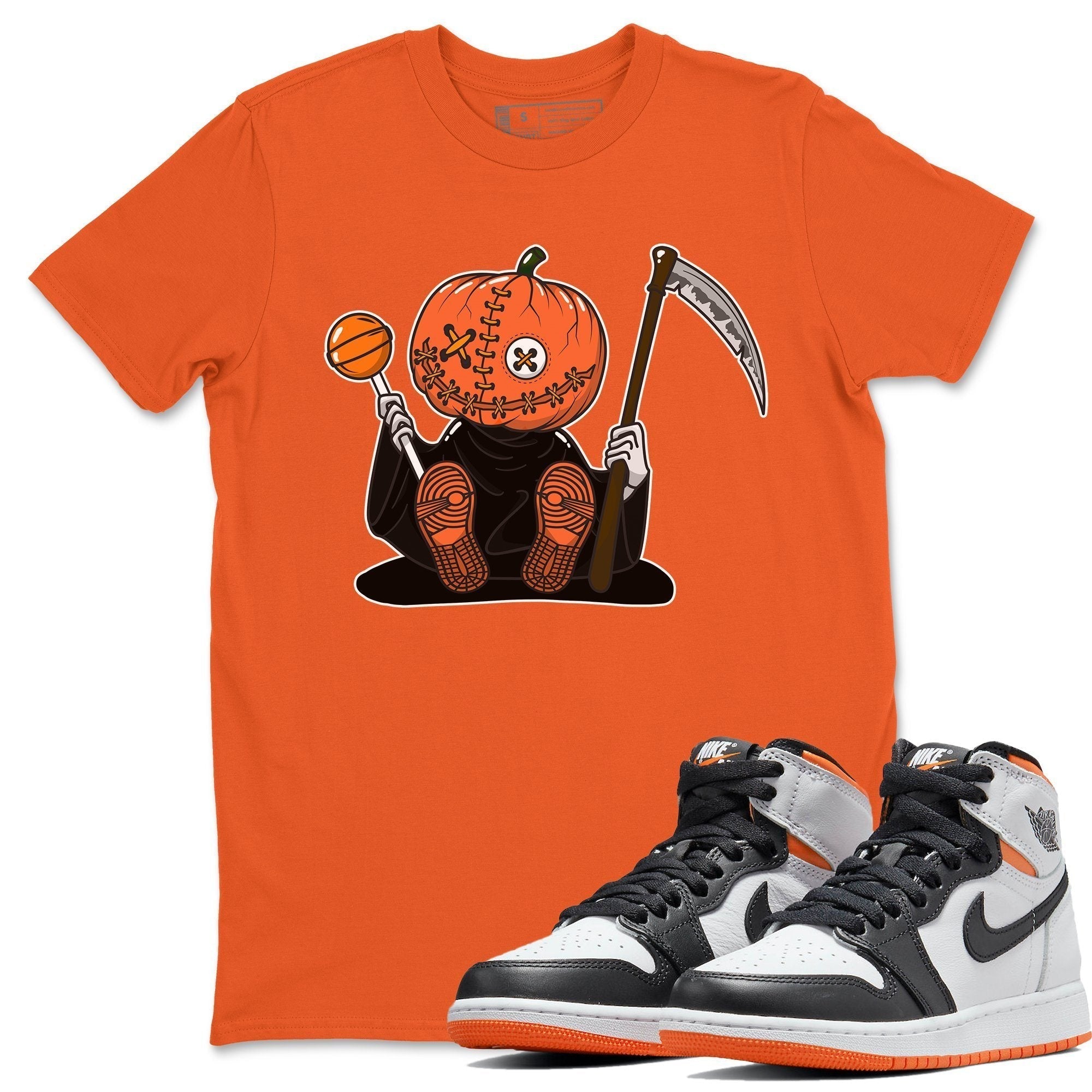 Jordan 1 Electro Orange Sneaker Matching T-Shirt Pumpkin Head Sneaker Tees Jordan 1 Electro Orange Sneaker Release Tees Crew Neck Tees