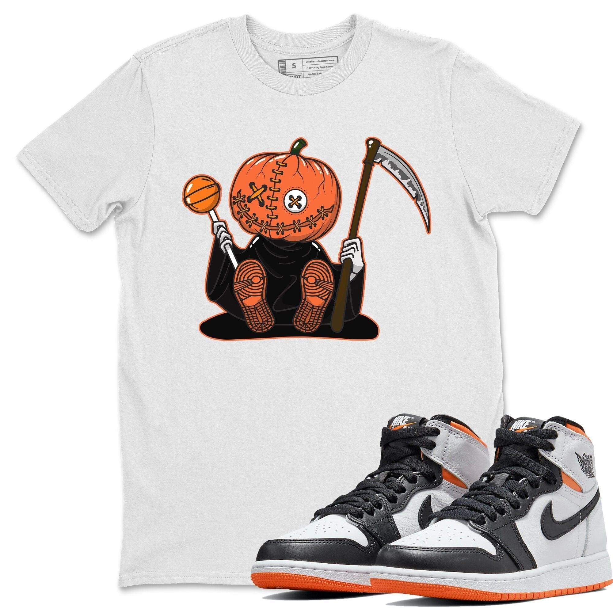 Jordan 1 Electro Orange Sneaker Matching T-Shirt Pumpkin Head Sneaker Tees Jordan 1 Electro Orange Sneaker Release Tees Crew Neck Tees