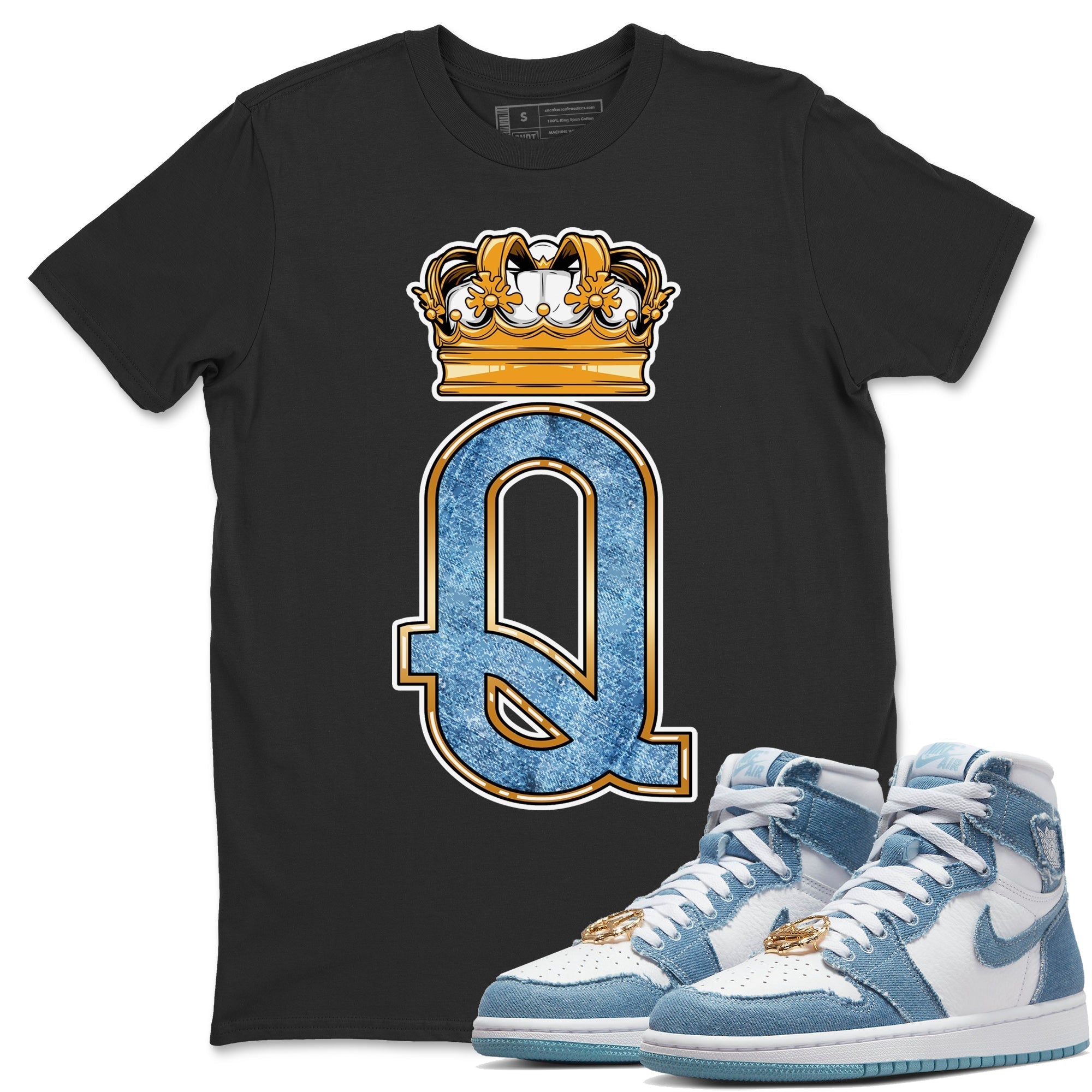 Jordan 1 Denim Sneaker Matching T-Shirt Queen Crown Sneaker Tees Jordan 1 Denim Sneaker Release Tees Crew Neck Tees
