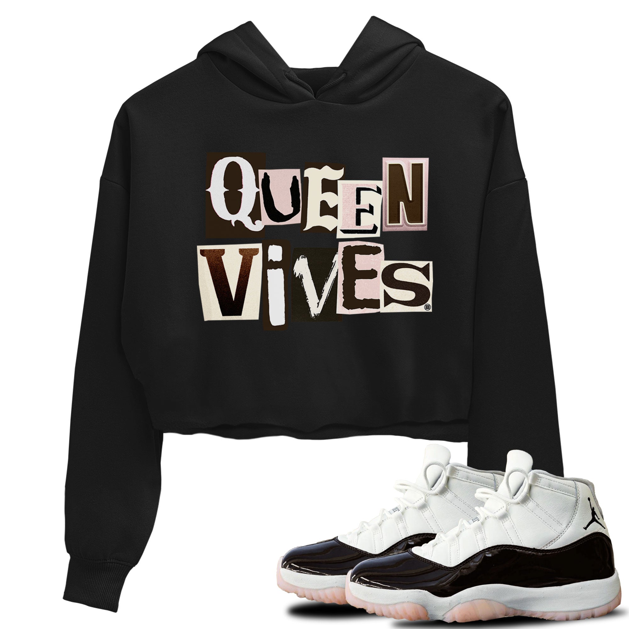 Air Jordan 11 Neapolitan shirt to match jordans Queen Vibes sneaker matching t-shirts and clothing Jordan 11 WMNS Neapolitan Drip Gear Zone Black 1 Crop T-Shirt