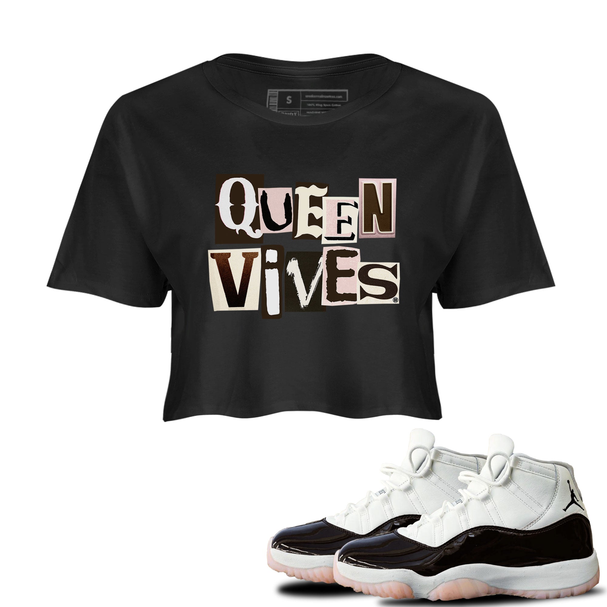 Air Jordan 11 Neapolitan shirt to match jordans Queen Vibes sneaker matching t-shirts and clothing Jordan 11 WMNS Neapolitan Drip Gear Zone Black 1 Crop T-Shirt