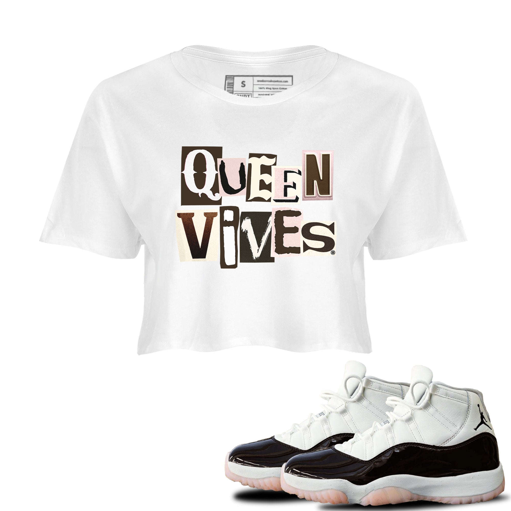 Air Jordan 11 Neapolitan shirt to match jordans Queen Vibes sneaker matching t-shirts and clothing Jordan 11 WMNS Neapolitan Drip Gear Zone White 1 Crop T-Shirt