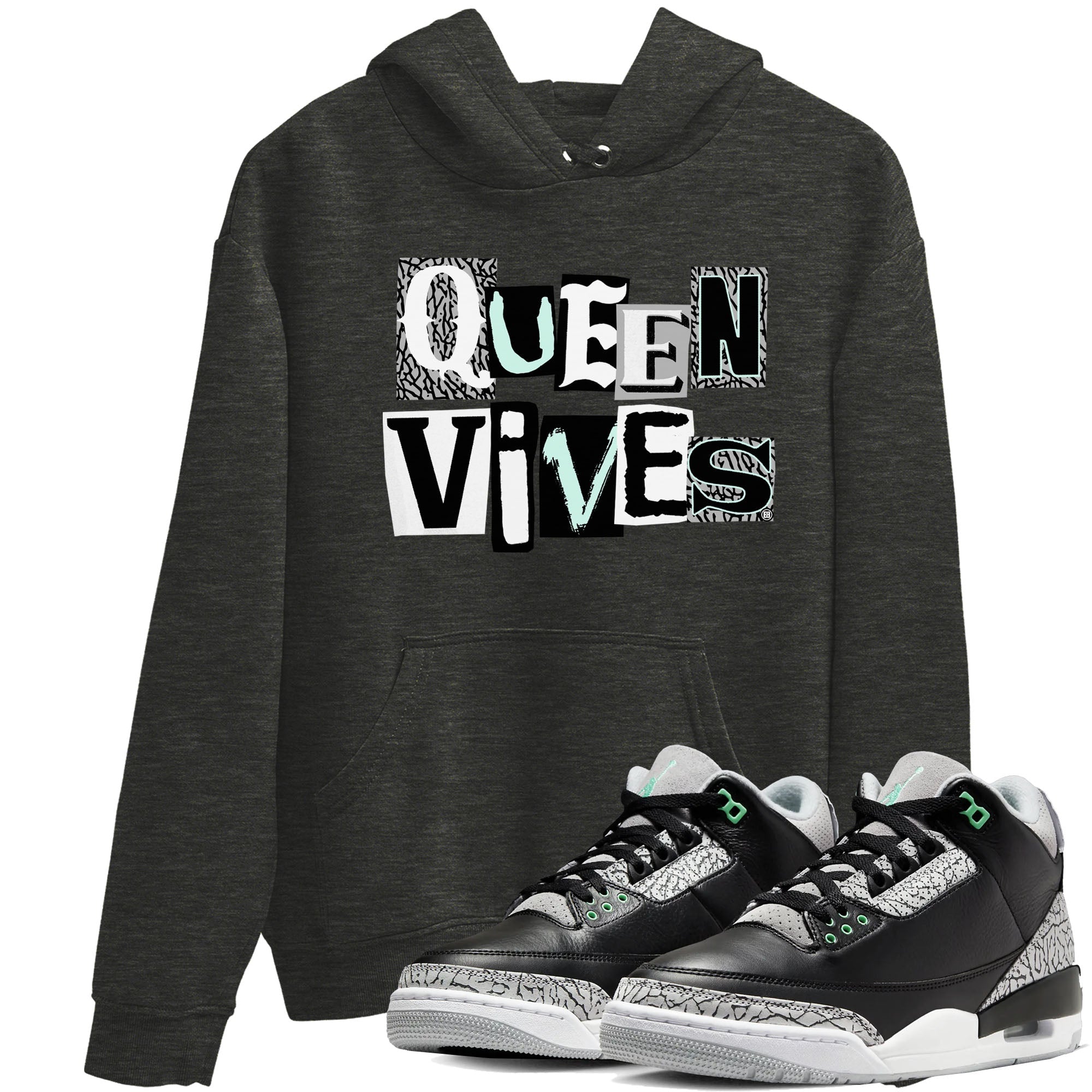 3s Green Glow shirt to match jordans Queen Vibes sneaker tees Air Jordan 3 Green Glow Drip Gear Zone unisex cotton Charcoal Heather 1 crew neck shirt