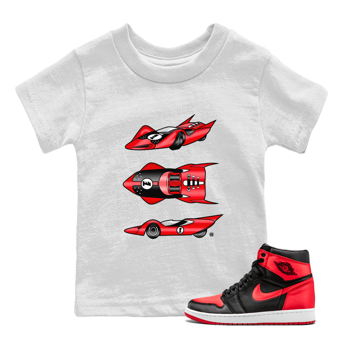 Air Jordan 1 Satin Bred Sneaker Match Tees Race Car Sneaker Tees Jordan 1 High OG Satin Bred Sneaker Release Tees Kids Shirts White 1