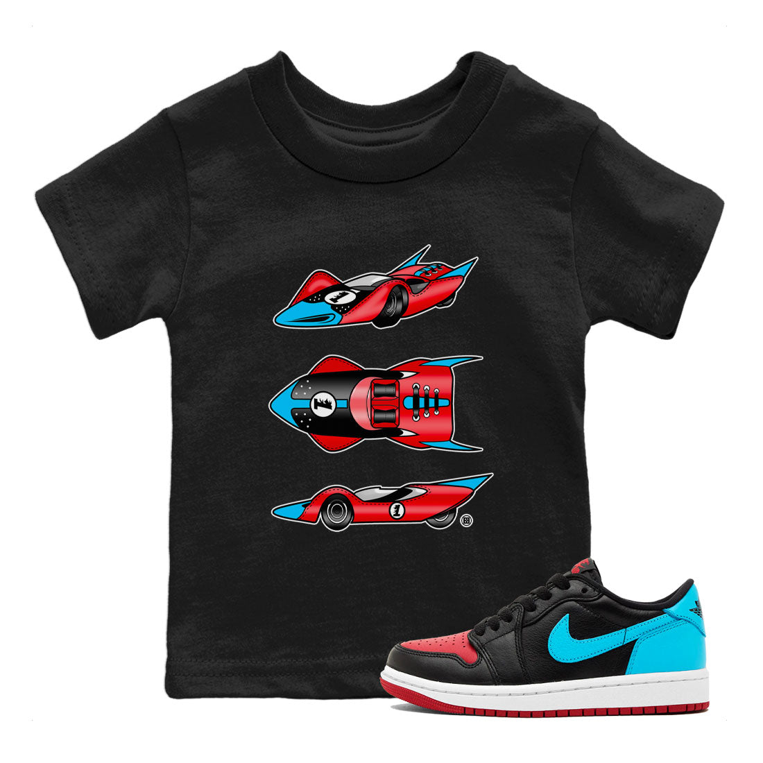 1s Low UNC to Chicago Sneaker Match Tees Race Car Streetwear Sneaker Shirt Air Jordan 1 UNC to Chicago Drip Gear Zone Sneaker Matching Clothing Kids, Youth, Baby Clothing Black 1