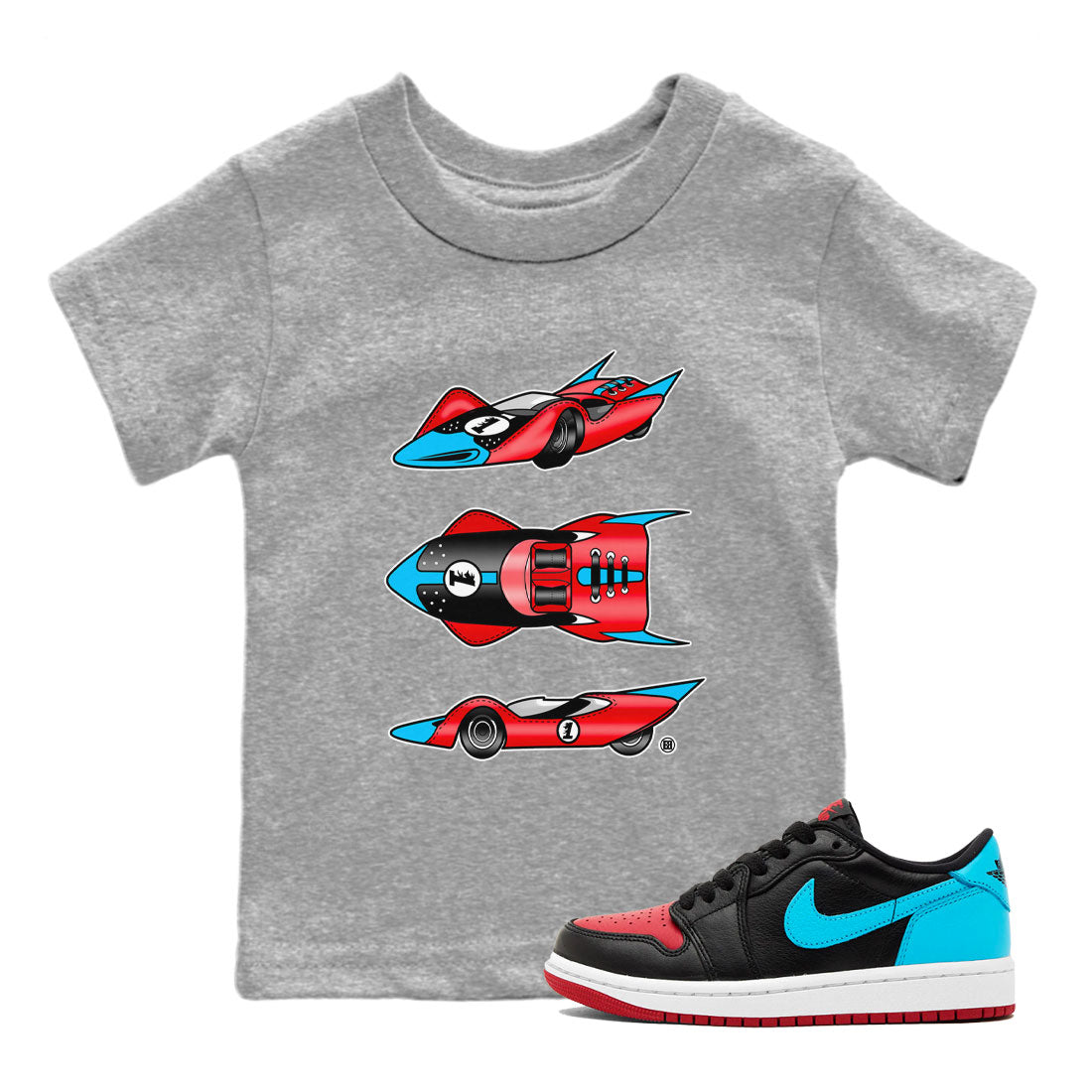 1s Low UNC to Chicago Sneaker Match Tees Race Car Streetwear Sneaker Shirt Air Jordan 1 UNC to Chicago Drip Gear Zone Sneaker Matching Clothing Kids, Youth, Baby Clothing Heather Grey 1