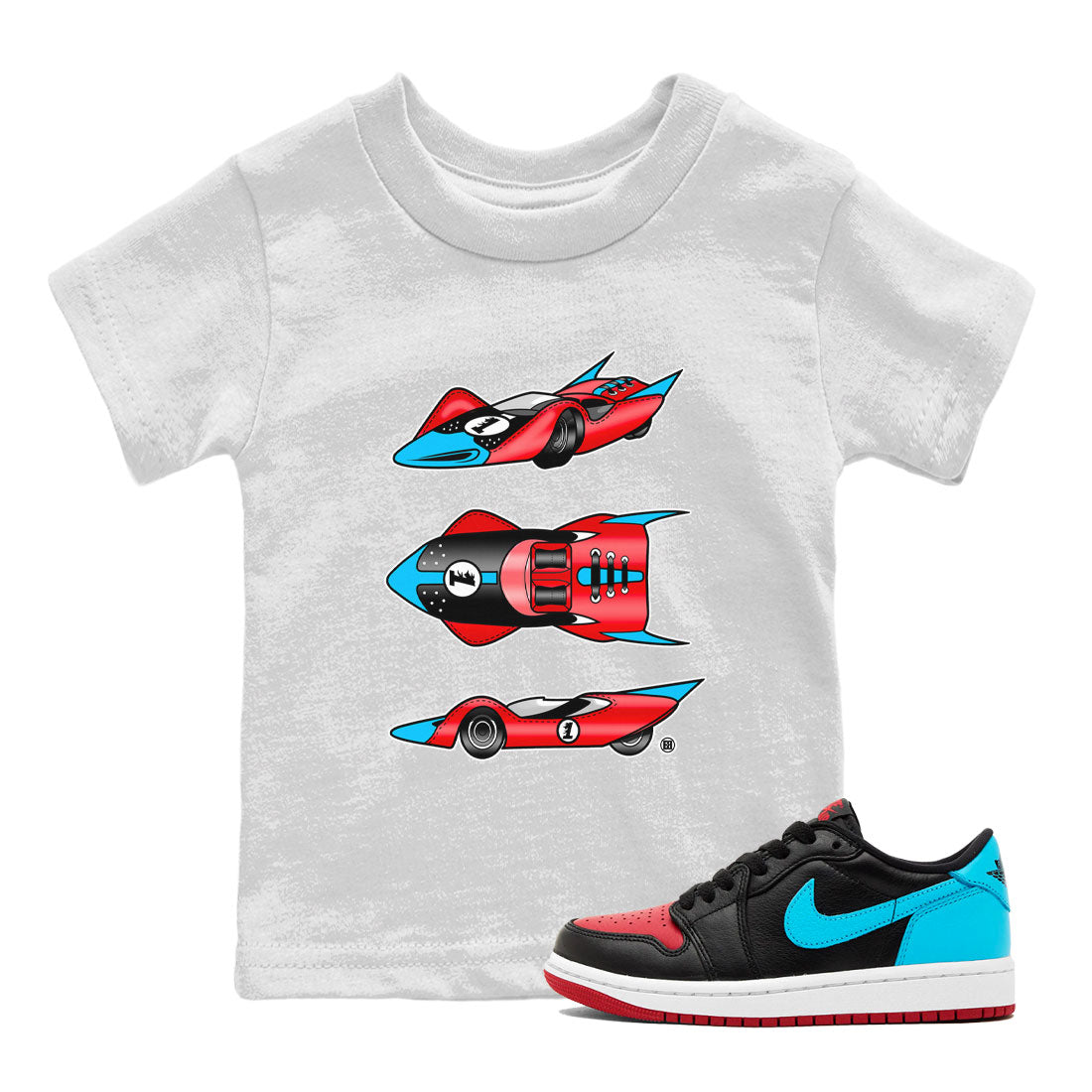 1s Low UNC to Chicago Sneaker Match Tees Race Car Streetwear Sneaker Shirt Air Jordan 1 UNC to Chicago Drip Gear Zone Sneaker Matching Clothing Kids, Youth, Baby Clothing White 1