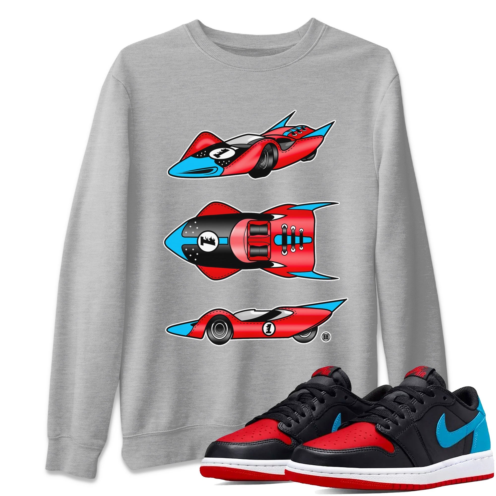 1s Low UNC to Chicago Sneaker Match Tees Race Car Streetwear Sneaker Shirt Air Jordan 1 UNC to Chicago Drip Gear Zone Sneaker Matching Clothing Short Sleeve T-Shirt Heather Grey 1