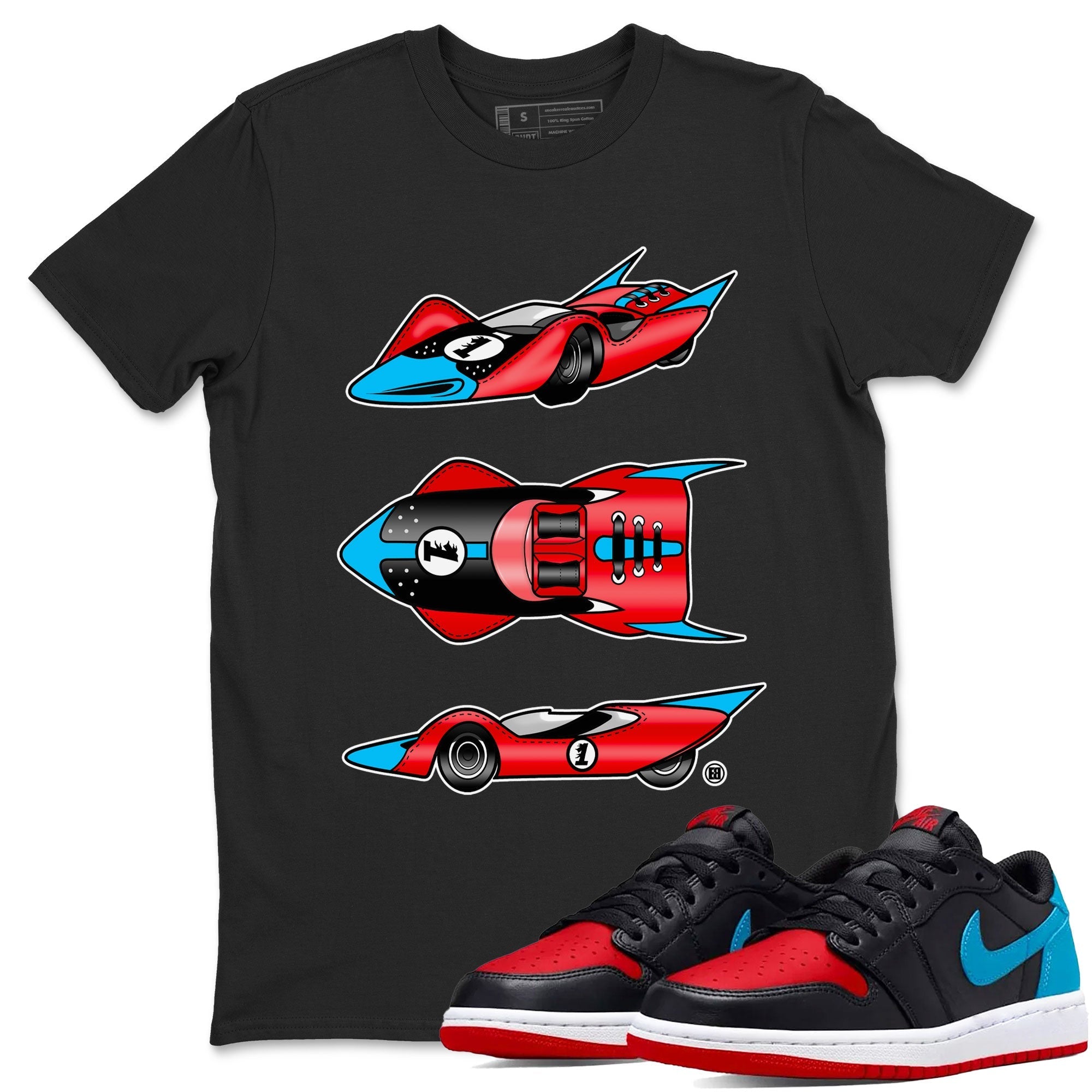 1s Low UNC to Chicago Sneaker Match Tees Race Car Streetwear Sneaker Shirt Air Jordan 1 UNC to Chicago Drip Gear Zone Sneaker Matching Clothing Short Sleeve T-Shirt Black 1