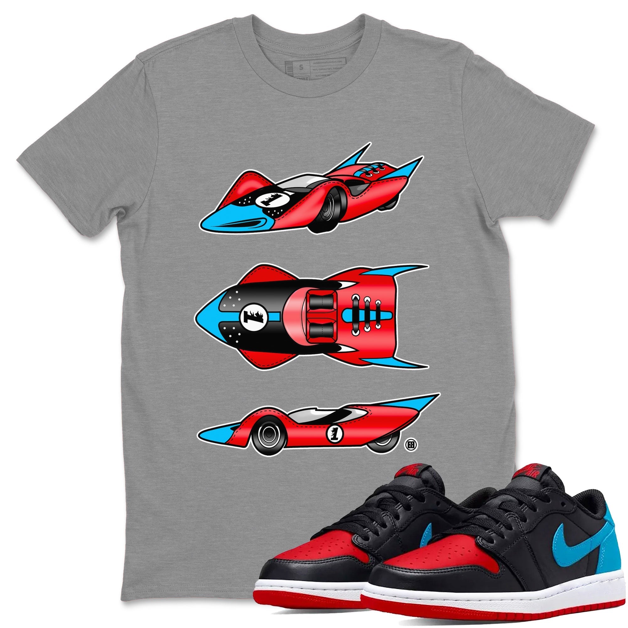 1s Low UNC to Chicago Sneaker Match Tees Race Car Streetwear Sneaker Shirt Air Jordan 1 UNC to Chicago Drip Gear Zone Sneaker Matching Clothing Short Sleeve T-Shirt Heather Grey 1
