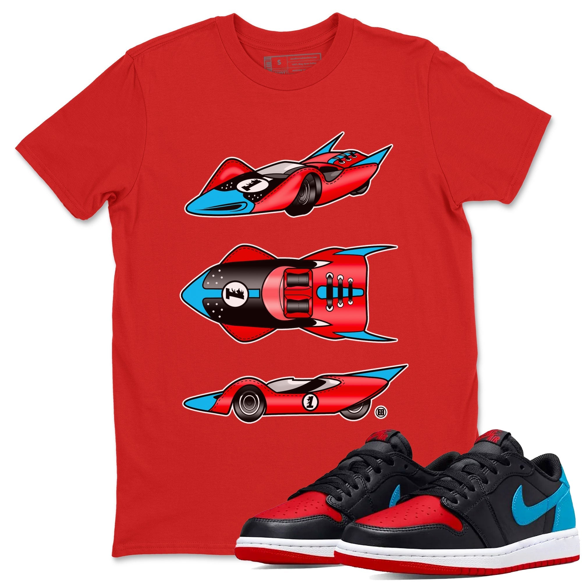 1s Low UNC to Chicago Sneaker Match Tees Race Car Streetwear Sneaker Shirt Air Jordan 1 UNC to Chicago Drip Gear Zone Sneaker Matching Clothing Short Sleeve T-Shirt Red 1