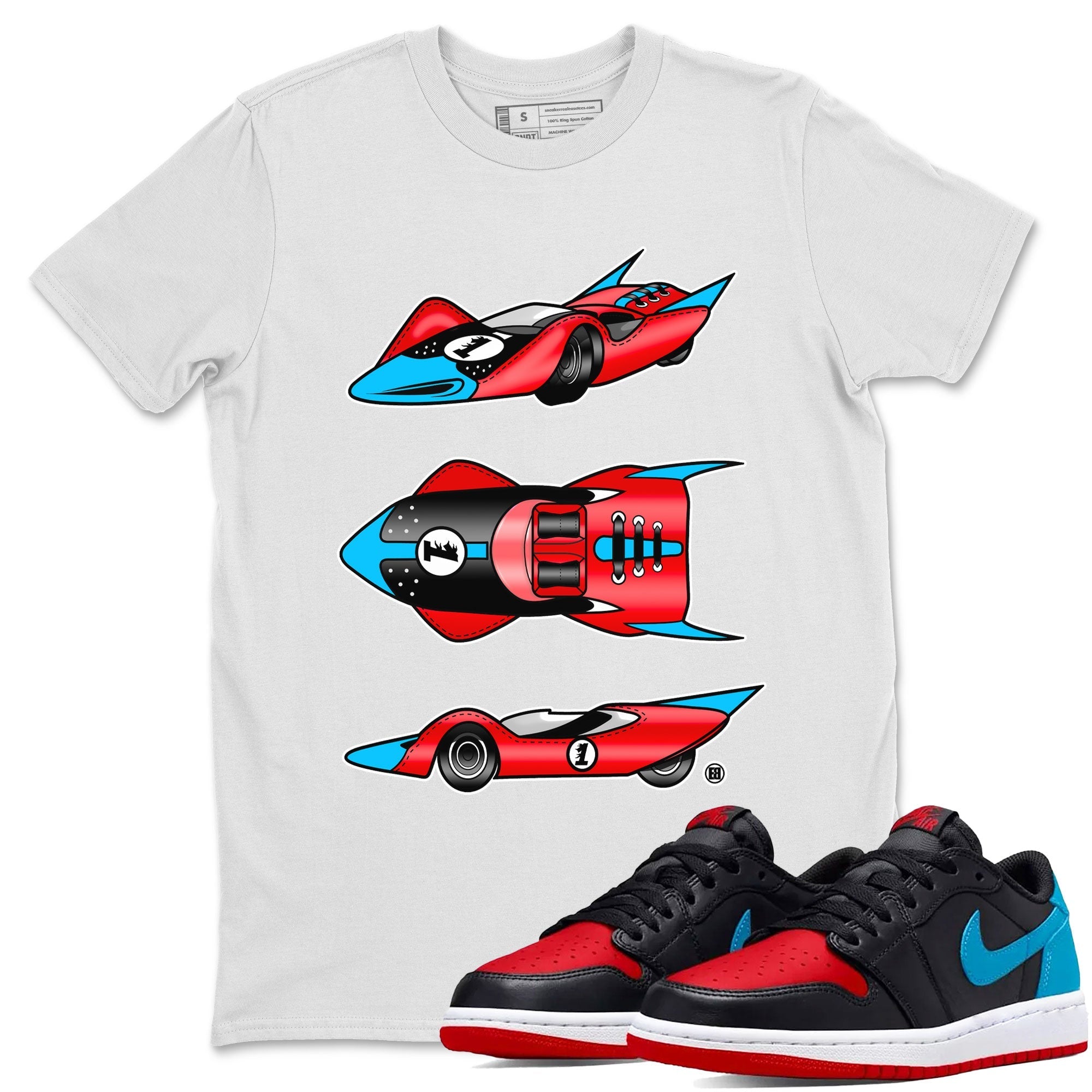 1s Low UNC to Chicago Sneaker Match Tees Race Car Streetwear Sneaker Shirt Air Jordan 1 UNC to Chicago Drip Gear Zone Sneaker Matching Clothing Short Sleeve T-Shirt White 1