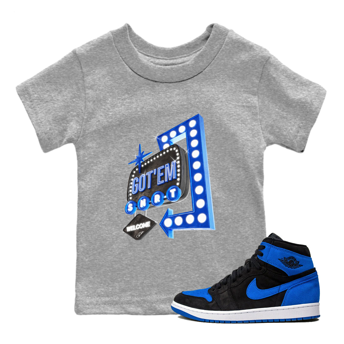 Air Jordan 1 Royal Reimagined shirt to match jordans Retro Neon Sign sneaker tees AJ1 Royal Reimagined Drip Gear Zone Kids Baby Toddler sneaker shirts Heather Grey 1 T-Shirt