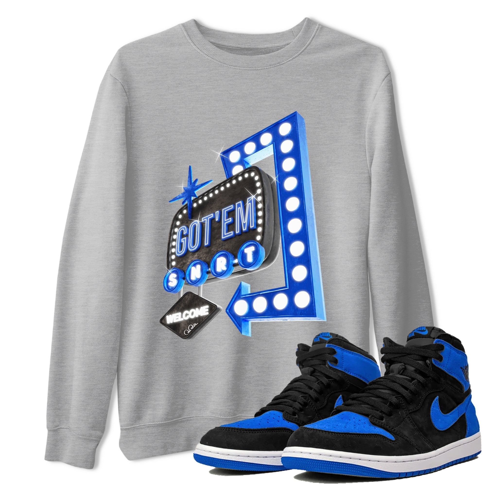 Air Jordan 1 Royal Reimagined shirt to match jordans Retro Neon Sign sneaker tees AJ1 Royal Reimagined Drip Gear Zone Unisex Sneaker Tees and Sneaker Match T-Shirt Heather Grey 1 T-Shirt