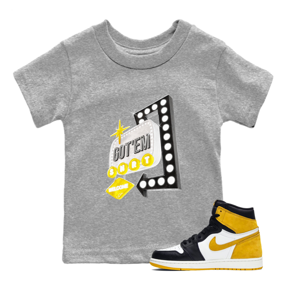 1s Yellow Ochre shirt to match jordans Retro Neon Sign sneaker tees streetwear brand Air Jordan 1 Yellow Ochre Drip Gear Zone Brand baby toddler Heather Grey 1 cotton Shirt