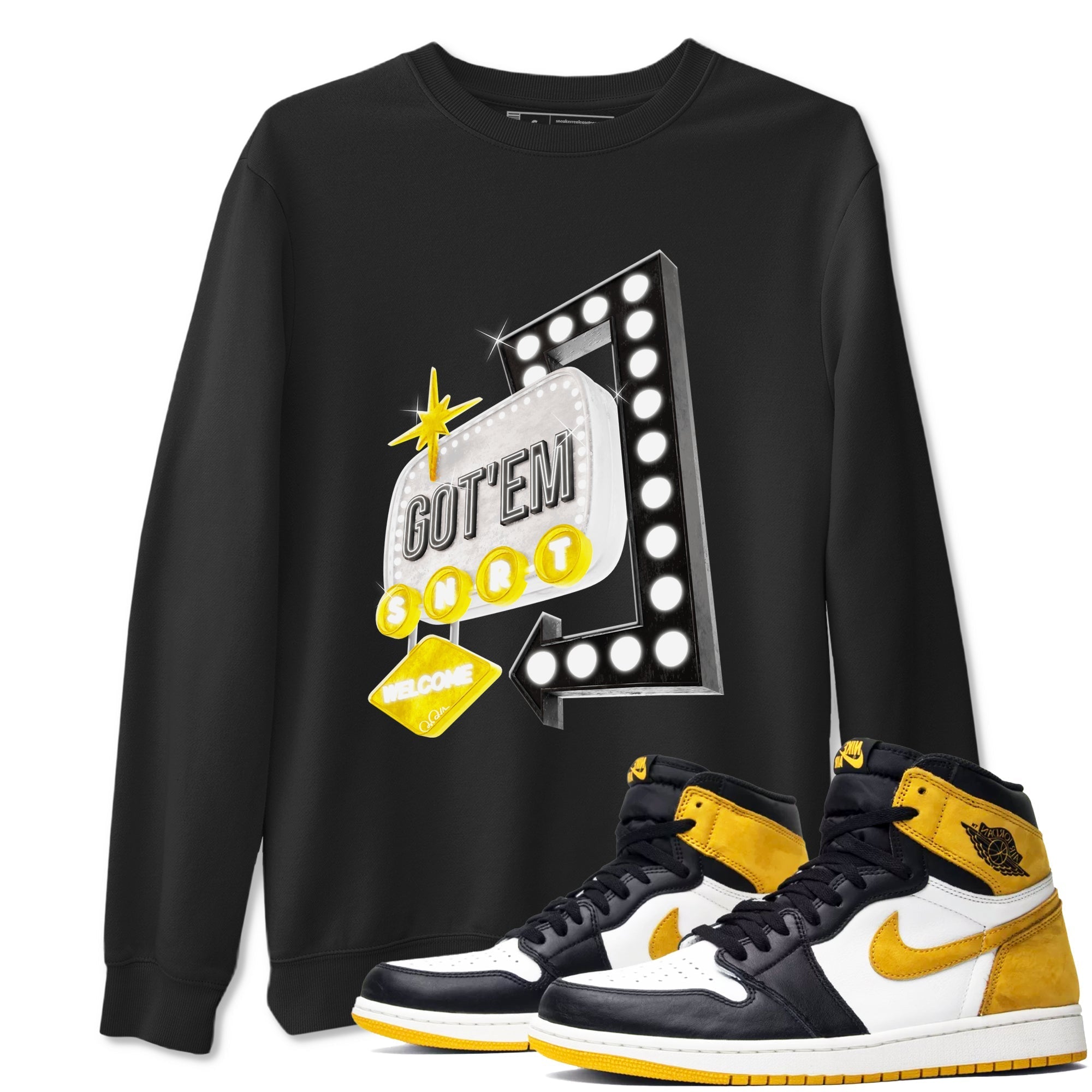 1s Yellow Ochre shirt to match jordans Retro Neon Sign sneaker tees streetwear brand Air Jordan 1 Yellow Ochre Drip Gear Zone Brand unisex cotton Black 1 crew neck shirt