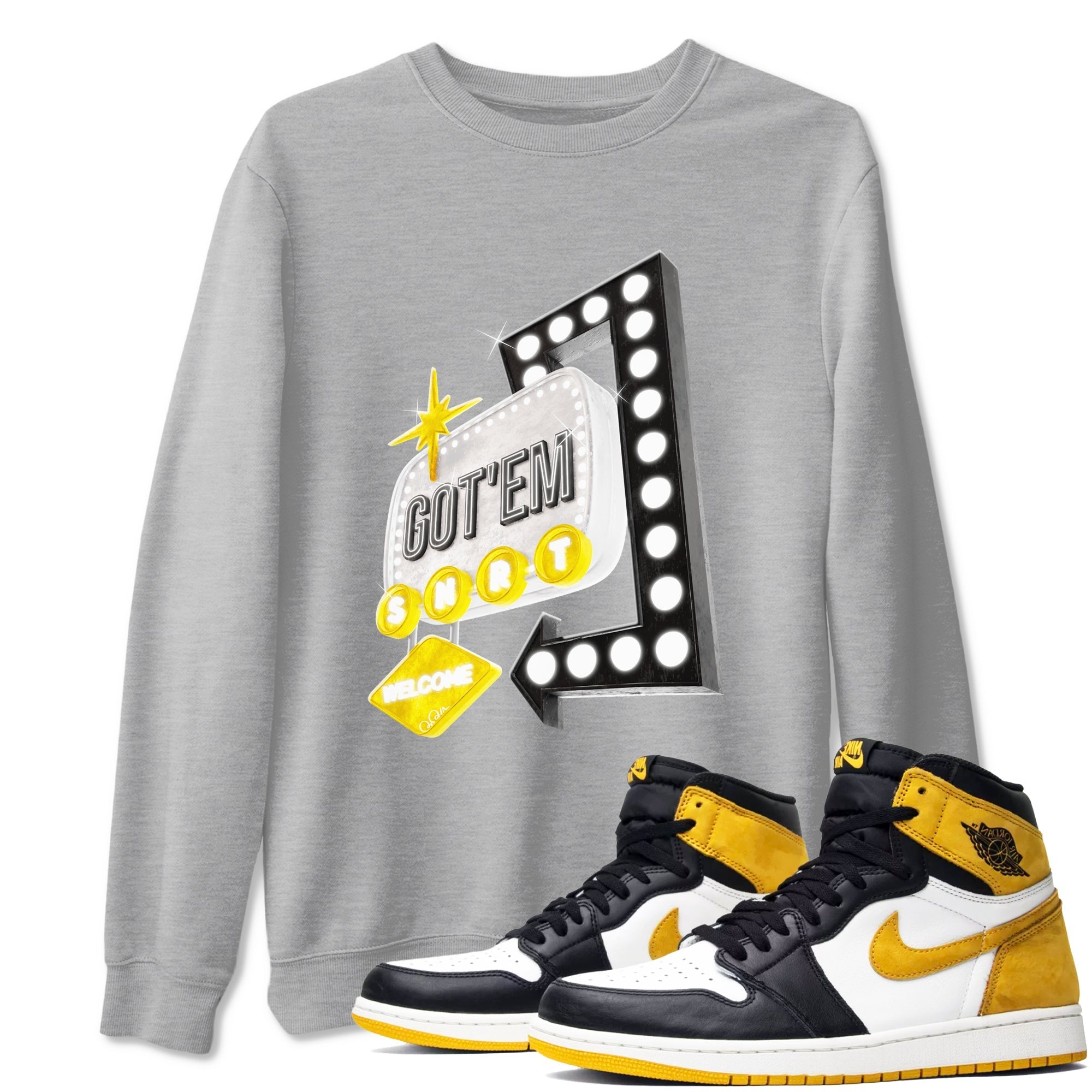 1s Yellow Ochre shirt to match jordans Retro Neon Sign sneaker tees streetwear brand Air Jordan 1 Yellow Ochre Drip Gear Zone Brand unisex cotton Heather Grey 1 crew neck shirt