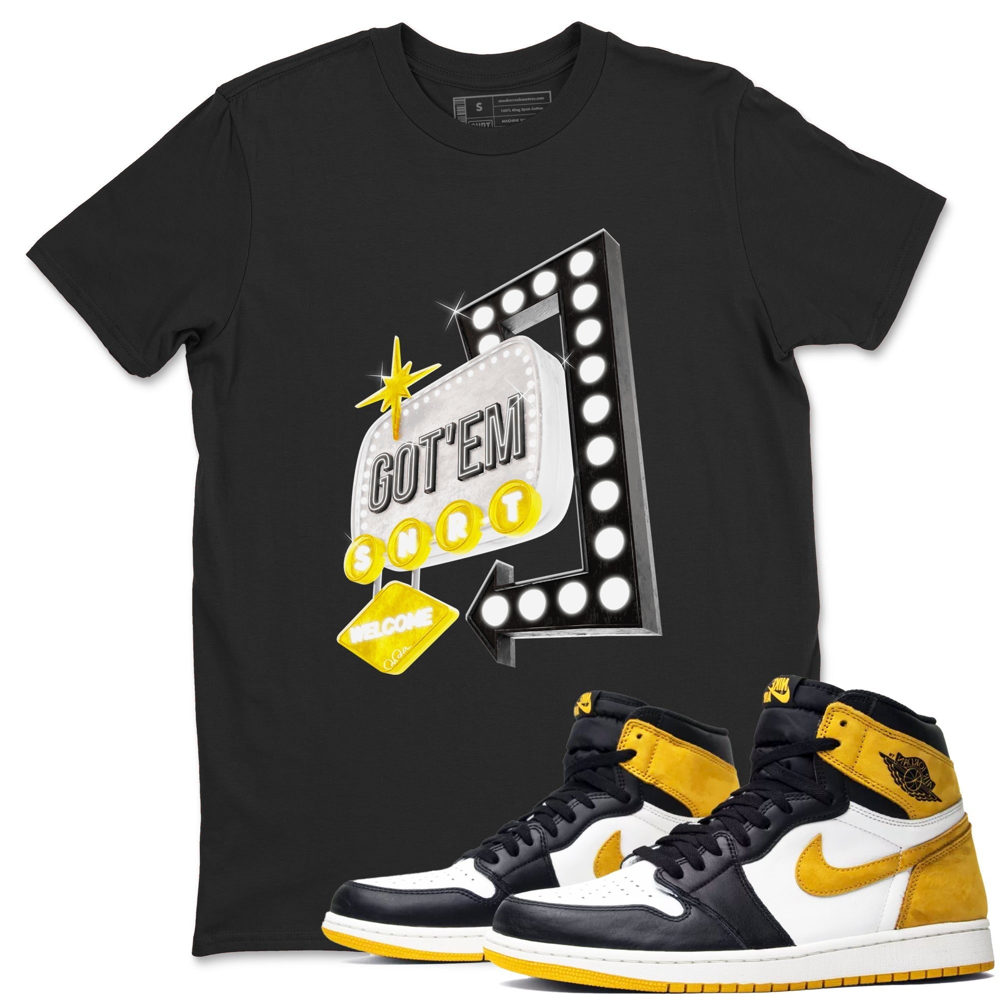 1s Yellow Ochre shirt to match jordans Retro Neon Sign sneaker tees streetwear brand Air Jordan 1 Yellow Ochre Drip Gear Zone Brand unisex cotton Black 1 crew neck shirt