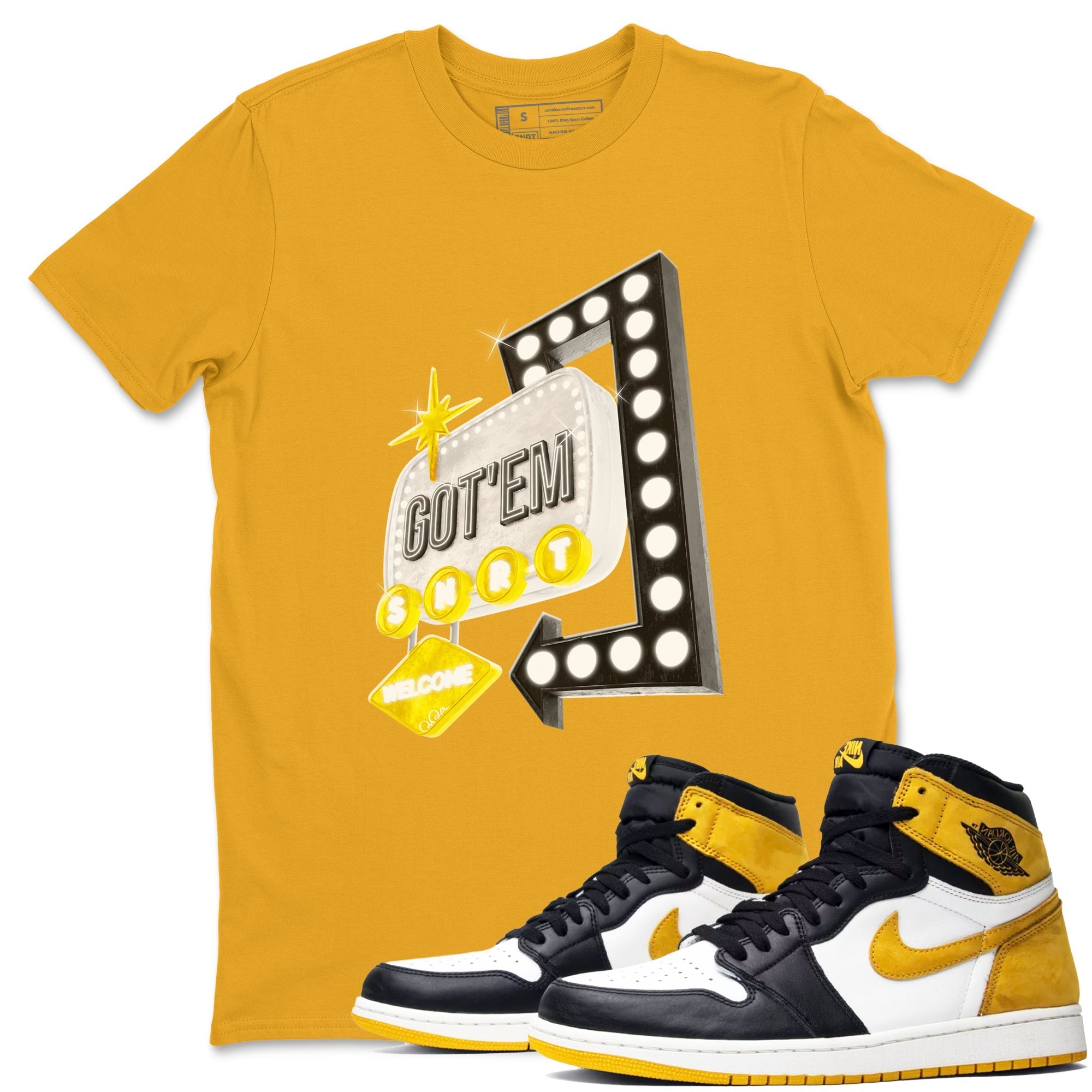 1s Yellow Ochre shirt to match jordans Retro Neon Sign sneaker tees streetwear brand Air Jordan 1 Yellow Ochre Drip Gear Zone Brand unisex cotton Gold 1 crew neck shirt