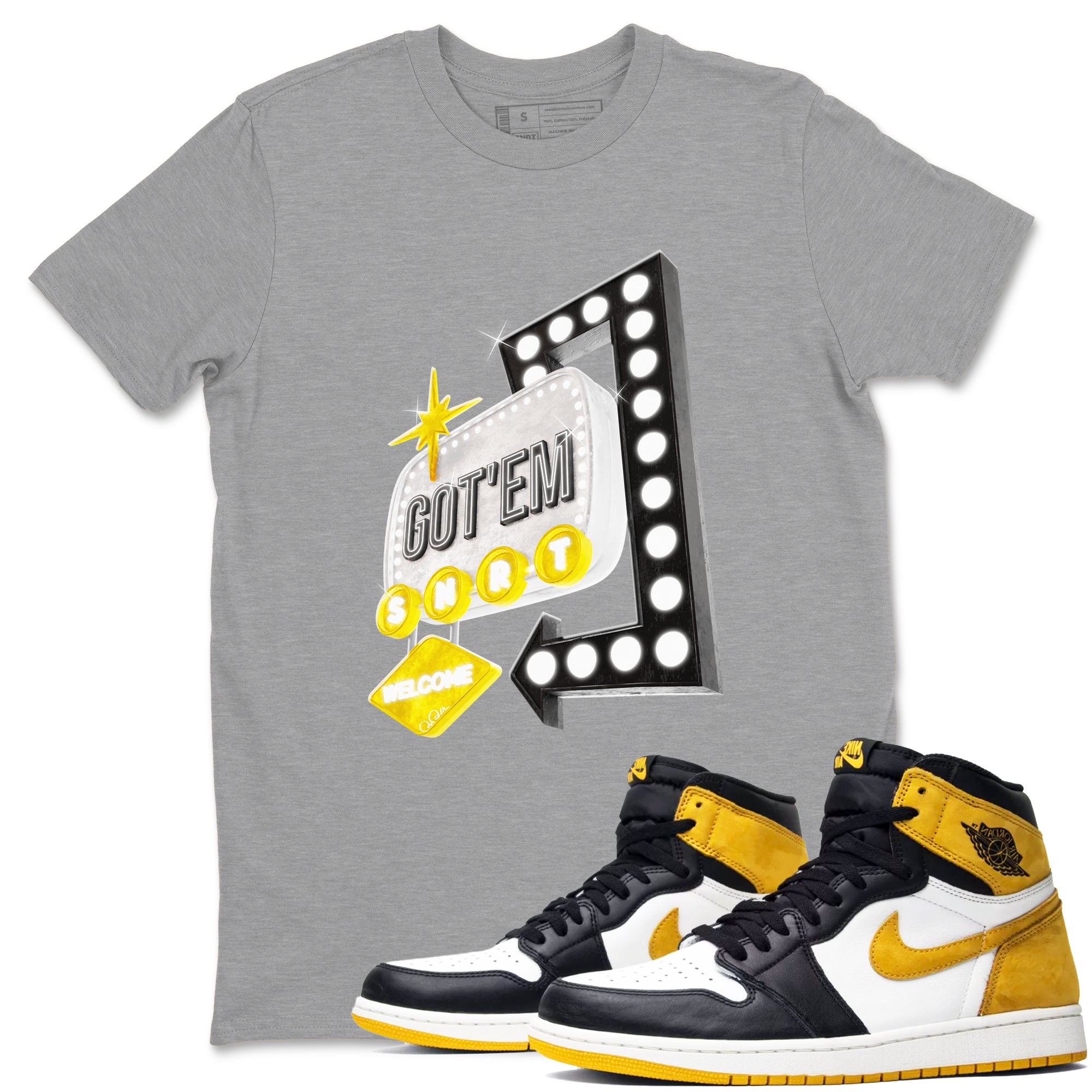 1s Yellow Ochre shirt to match jordans Retro Neon Sign sneaker tees streetwear brand Air Jordan 1 Yellow Ochre Drip Gear Zone Brand unisex cotton Heather Grey 1 crew neck shirt