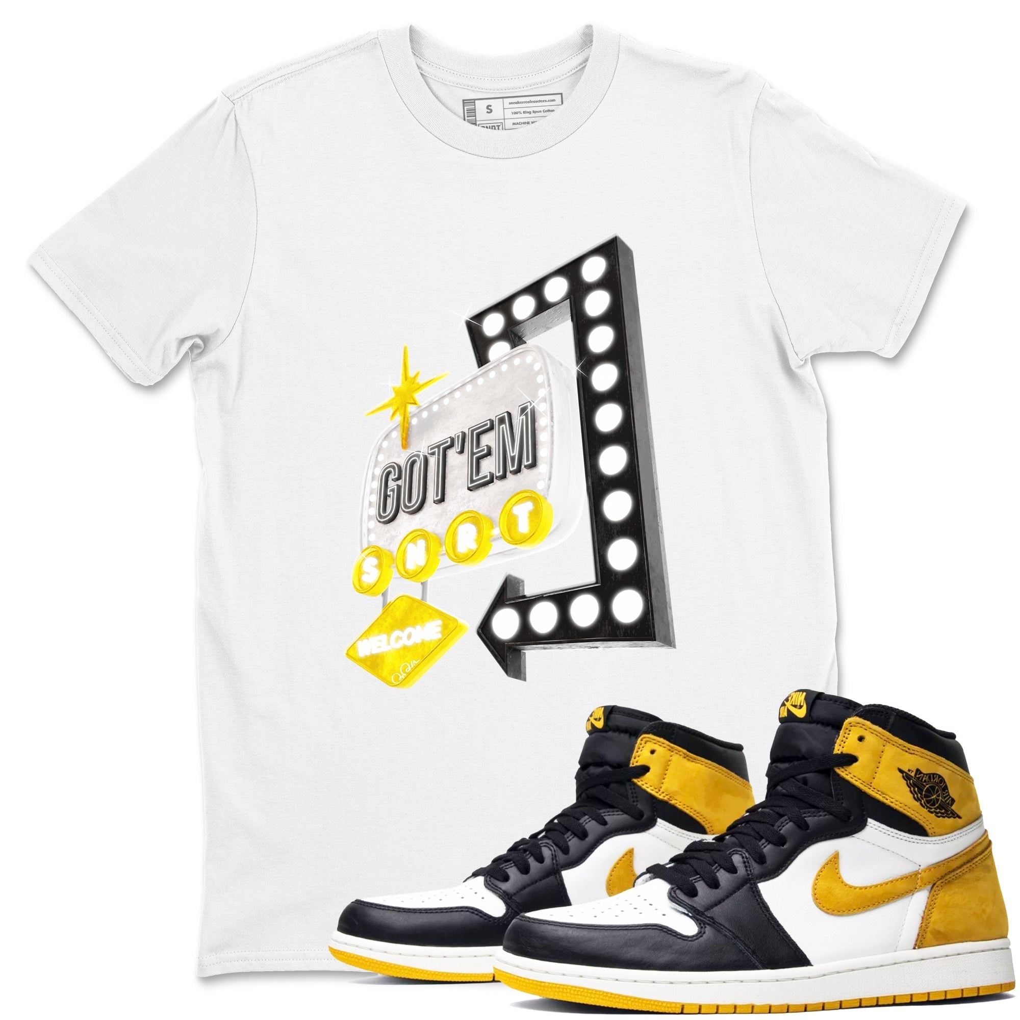1s Yellow Ochre shirt to match jordans Retro Neon Sign sneaker tees streetwear brand Air Jordan 1 Yellow Ochre Drip Gear Zone Brand unisex cotton White 1 crew neck shirt