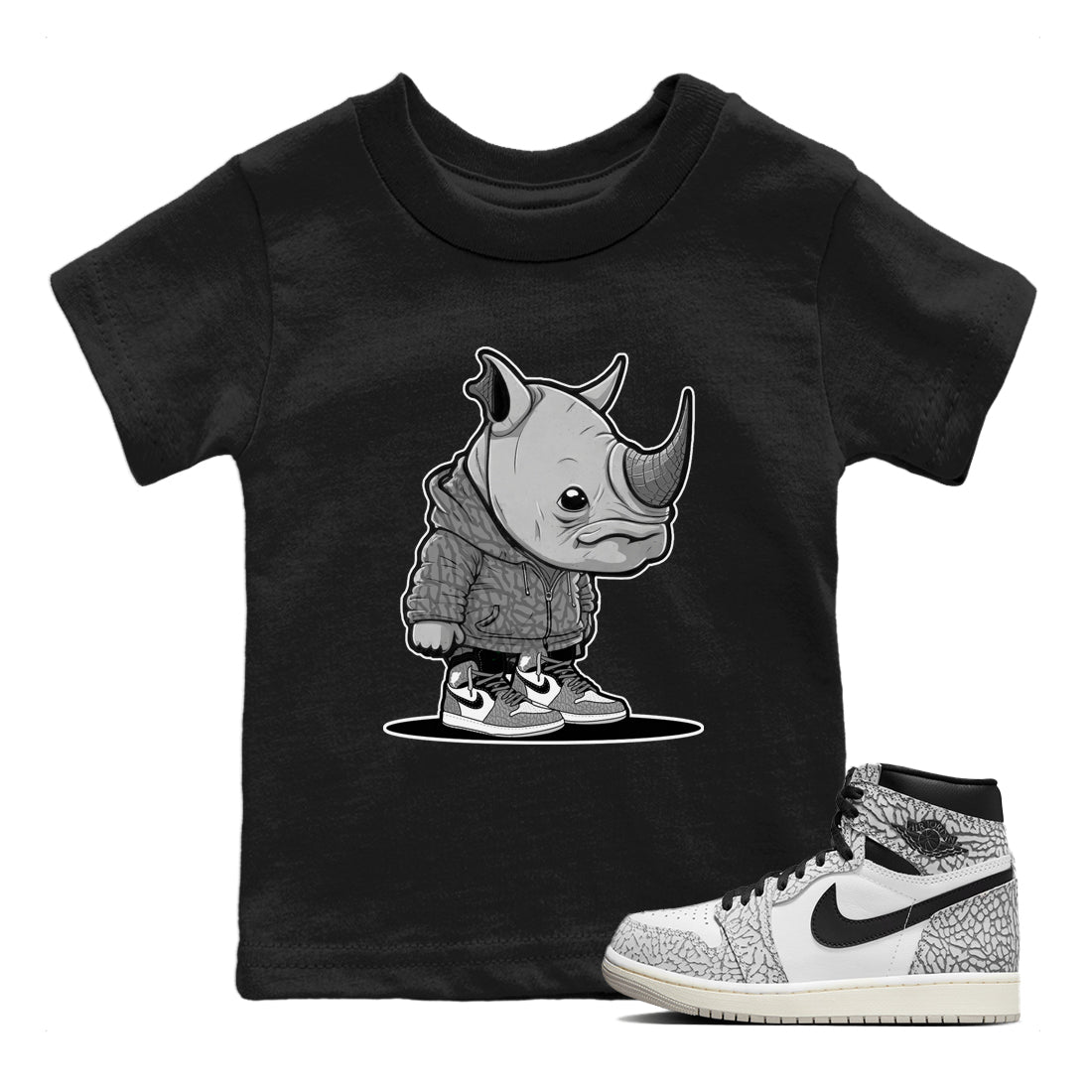 Air Jordan 1 White Cement Sneaker Match Tees Rhino Boy Streetwear Sneaker Shirt Air Jordan 1 White Cement Sneaker Release Tees Kids Shirts Black 1
