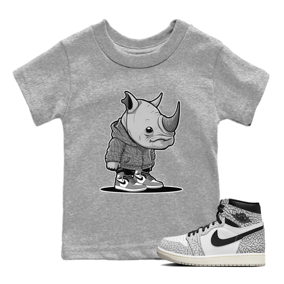 Air Jordan 1 White Cement Sneaker Match Tees Rhino Boy Streetwear Sneaker Shirt Air Jordan 1 White Cement Sneaker Release Tees Kids Shirts Heather Grey 1