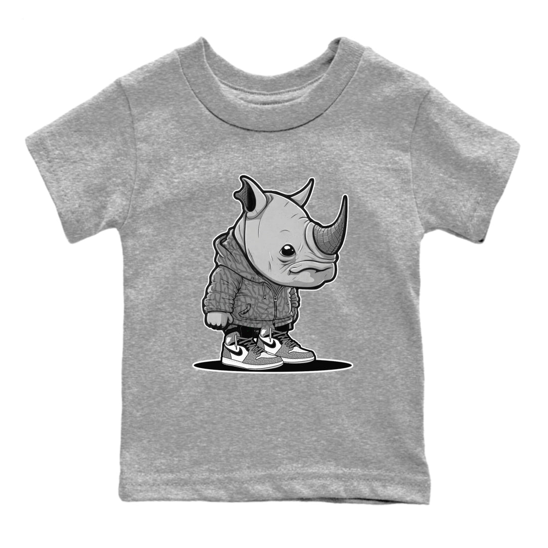 Air Jordan 1 White Cement Sneaker Match Tees Rhino Boy Streetwear Sneaker Shirt Air Jordan 1 White Cement Sneaker Release Tees Kids Shirts Heather Grey 2