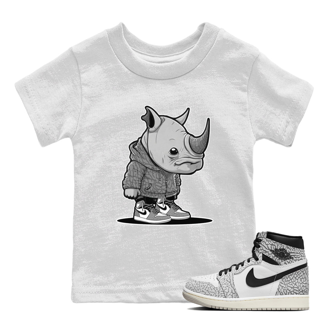 Air Jordan 1 White Cement Sneaker Match Tees Rhino Boy Streetwear Sneaker Shirt Air Jordan 1 White Cement Sneaker Release Tees Kids Shirts White 1