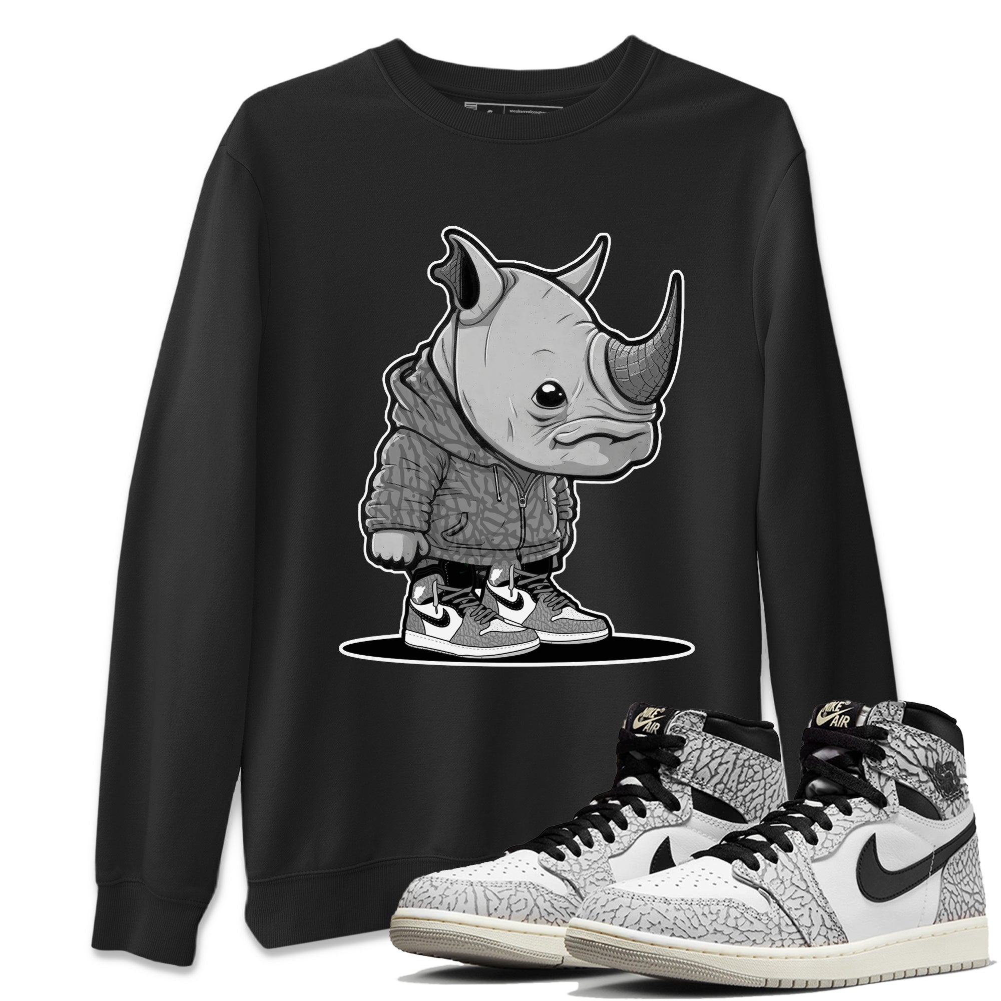 Air Jordan 1 White Cement Sneaker Match Tees Rhino Boy Streetwear Sneaker Shirt Air Jordan 1 White Cement Sneaker Release Tees Unisex Shirts Black 1