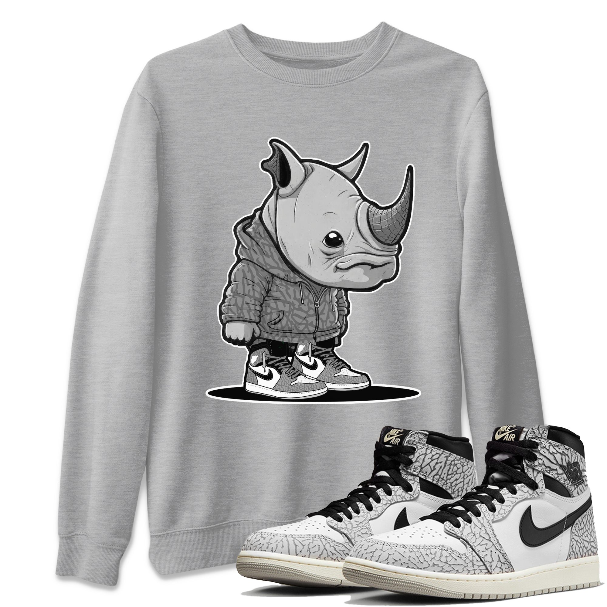 Air Jordan 1 White Cement Sneaker Match Tees Rhino Boy Streetwear Sneaker Shirt Air Jordan 1 White Cement Sneaker Release Tees Unisex Shirts Heather Grey 1
