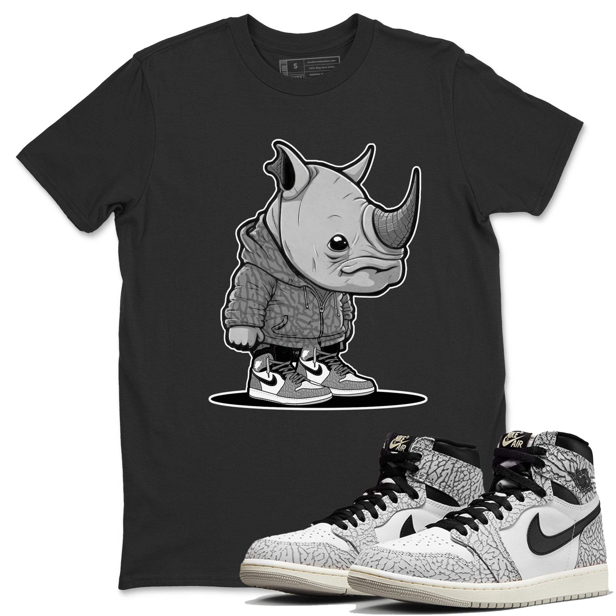 Air Jordan 1 White Cement Sneaker Match Tees Rhino Boy Streetwear Sneaker Shirt Air Jordan 1 White Cement Sneaker Release Tees Unisex Shirts Black 1