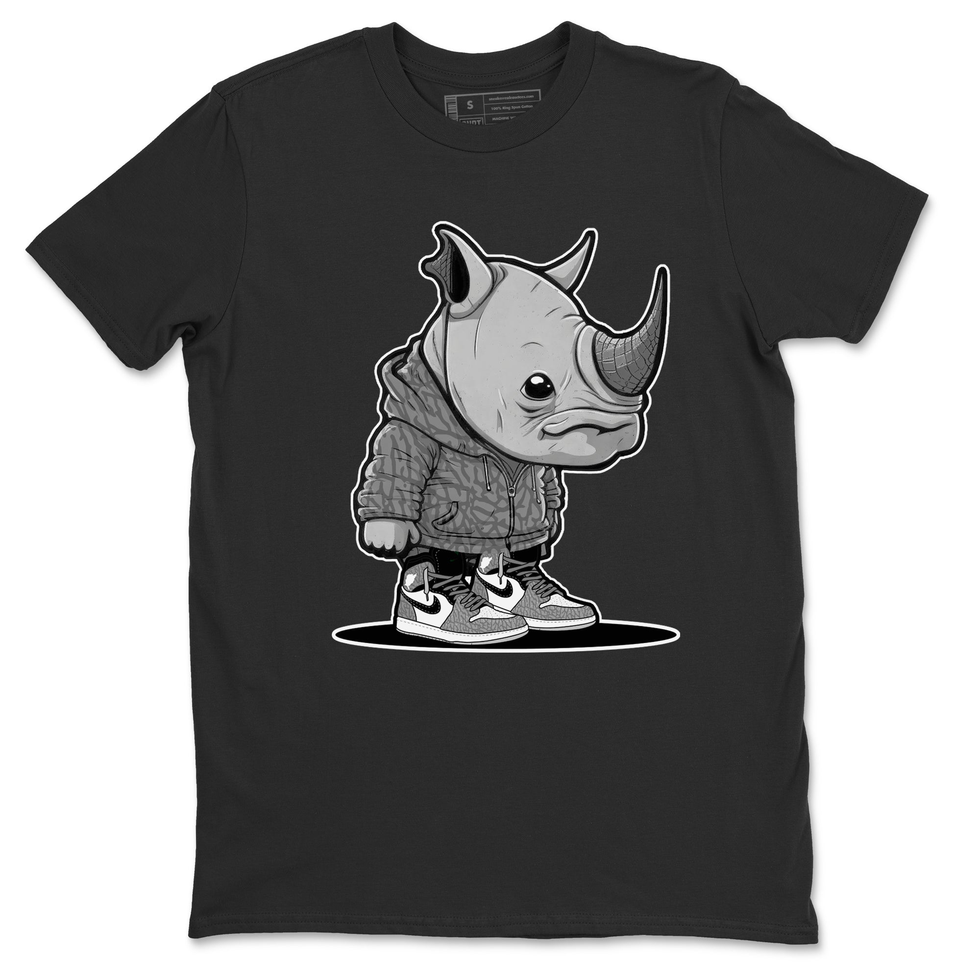 Air Jordan 1 White Cement Sneaker Match Tees Rhino Boy Streetwear Sneaker Shirt Air Jordan 1 White Cement Sneaker Release Tees Unisex Shirts Black 2