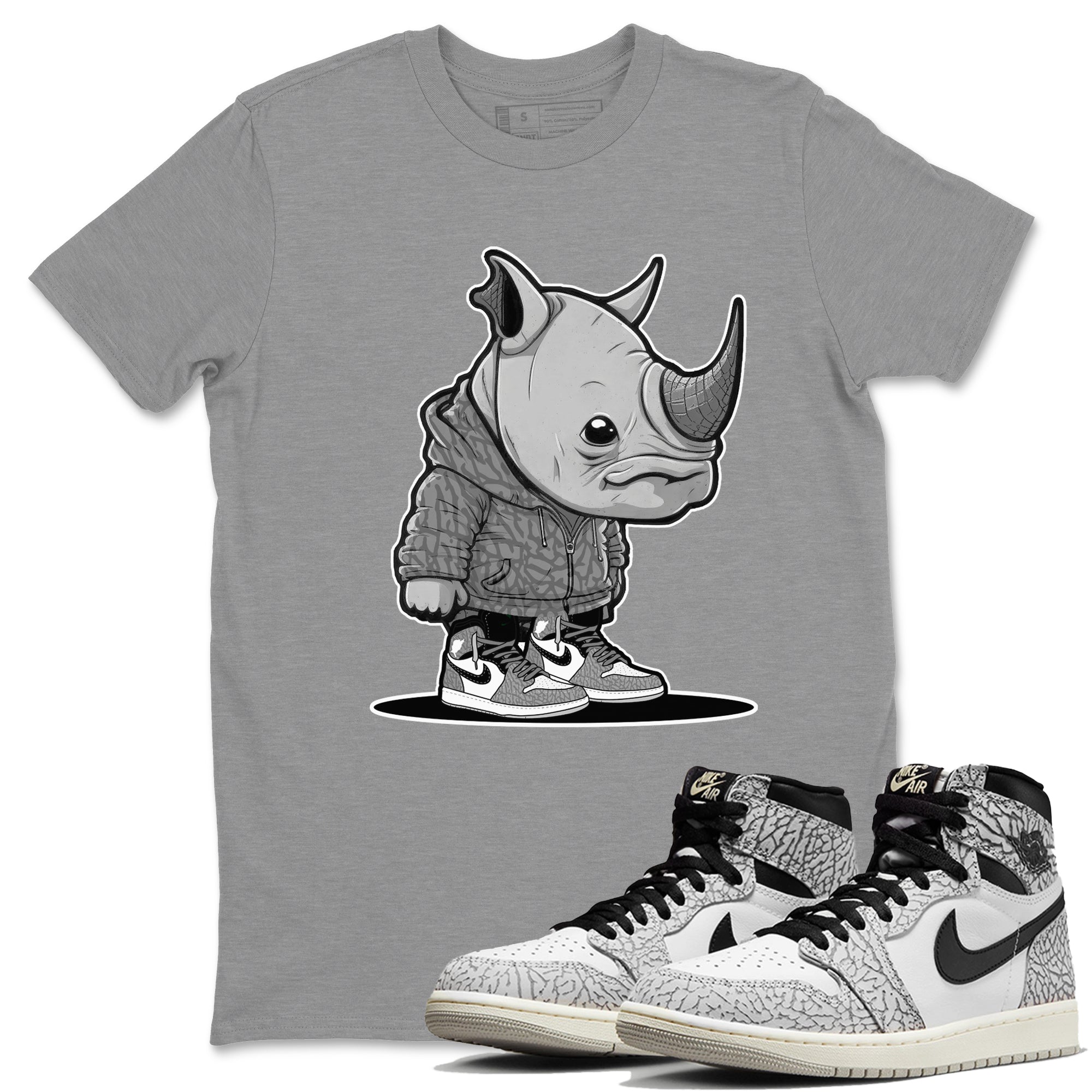 Air Jordan 1 White Cement Sneaker Match Tees Rhino Boy Streetwear Sneaker Shirt Air Jordan 1 White Cement Sneaker Release Tees Unisex Shirts Heather Grey 1