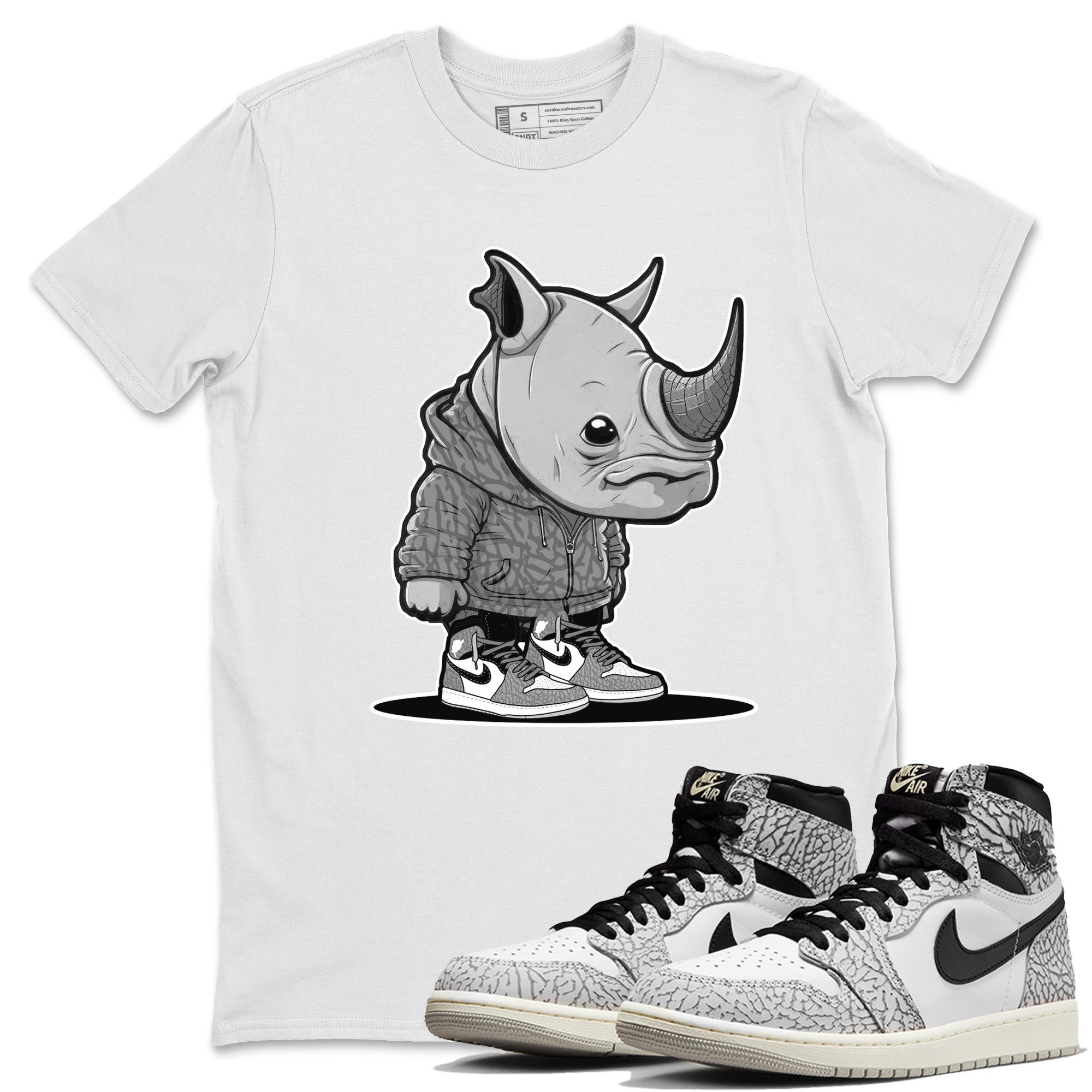 Air Jordan 1 White Cement Sneaker Match Tees Rhino Boy Streetwear Sneaker Shirt Air Jordan 1 White Cement Sneaker Release Tees Unisex Shirts White 1