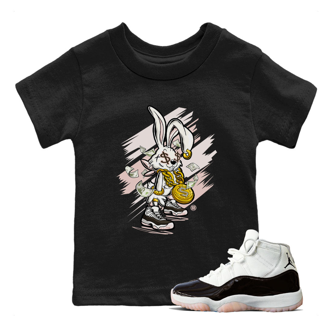 Air Jordan 11 Neapolitan shirt to match jordans Rich Bunny sneaker matching t-shirts and clothing Air Jordan 11 Neapolitan Drip Gear Zone Casual Crew Neck T-Shirt Baby Toddler Black 1 T-Shirt