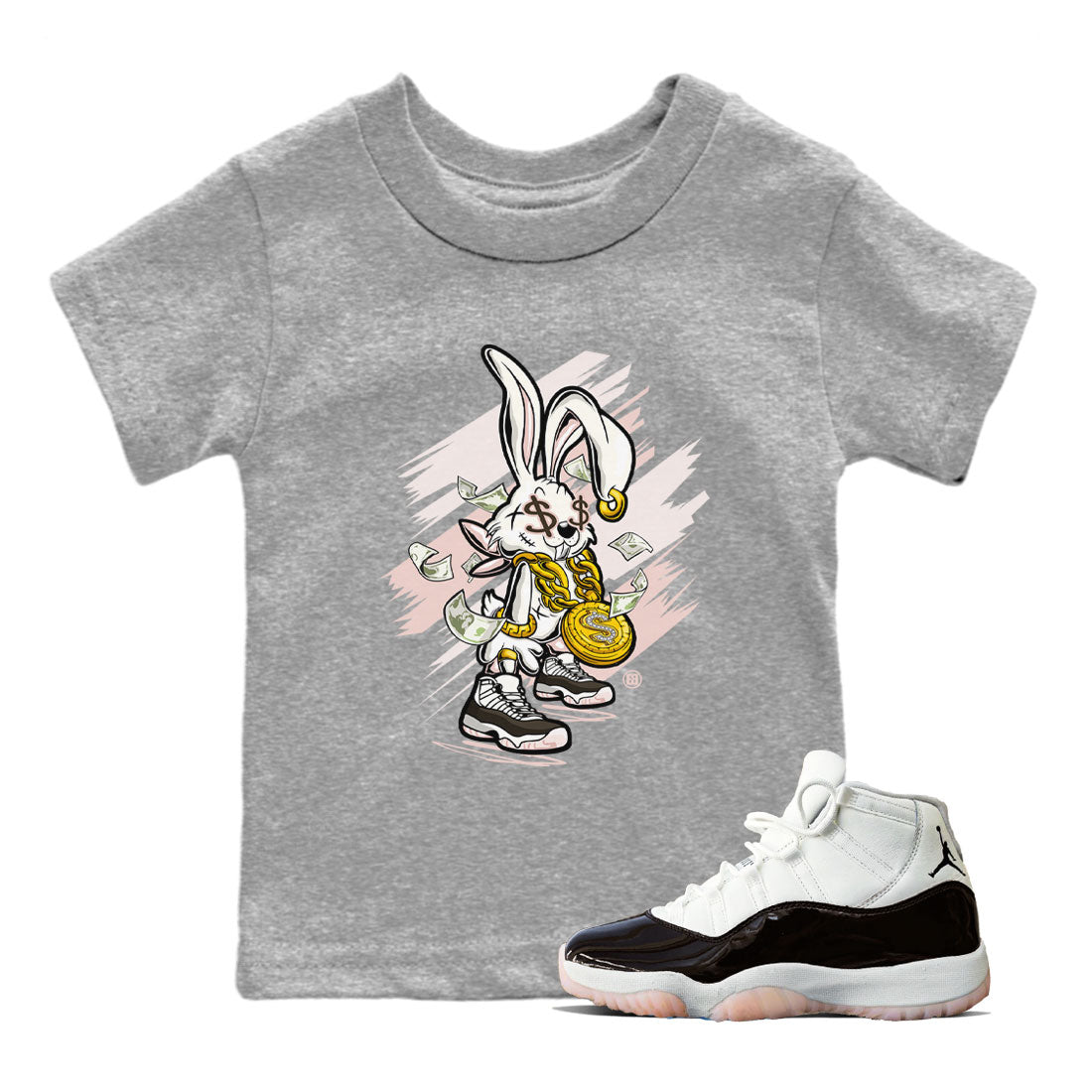 Air Jordan 11 Neapolitan shirt to match jordans Rich Bunny sneaker matching t-shirts and clothing Air Jordan 11 Neapolitan Drip Gear Zone Casual Crew Neck T-Shirt Baby Toddler Heather Grey 1 T-Shirt