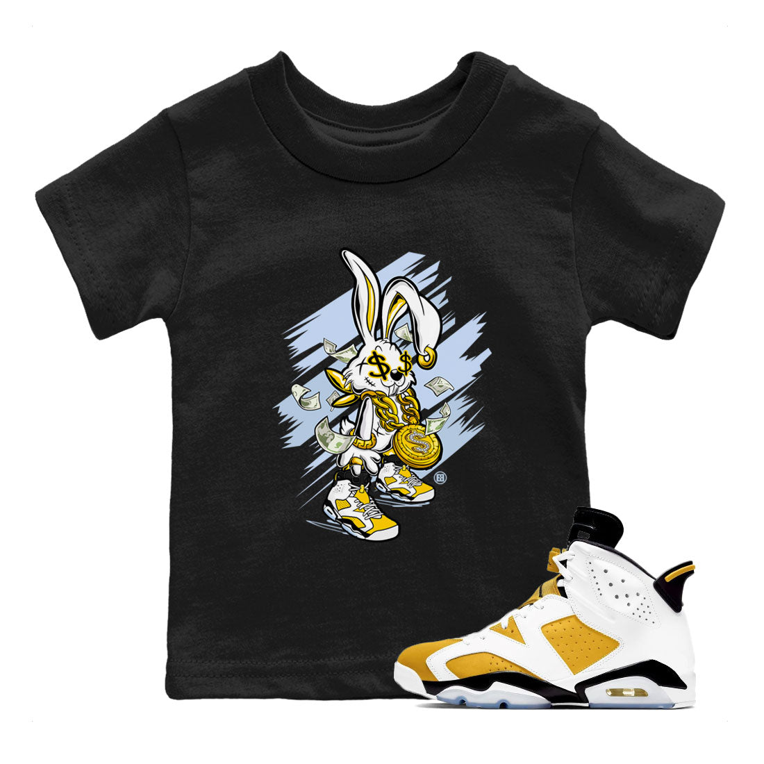 Air Jordan 6 Yellow Ochre shirt to match jordans Rich Bunny special sneaker matching tees AJ6 Yellow Ochre Drip Gear Zone Brand Baby Toddler Black 1 T-Shirt