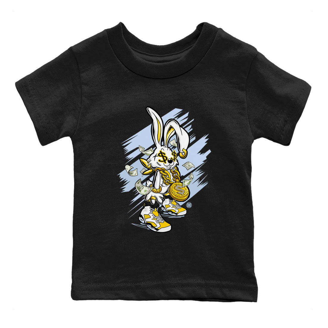 Air Jordan 6 Yellow Ochre shirt to match jordans Rich Bunny special sneaker matching tees AJ6 Yellow Ochre Drip Gear Zone Brand Baby Toddler Black 2 T-Shirt