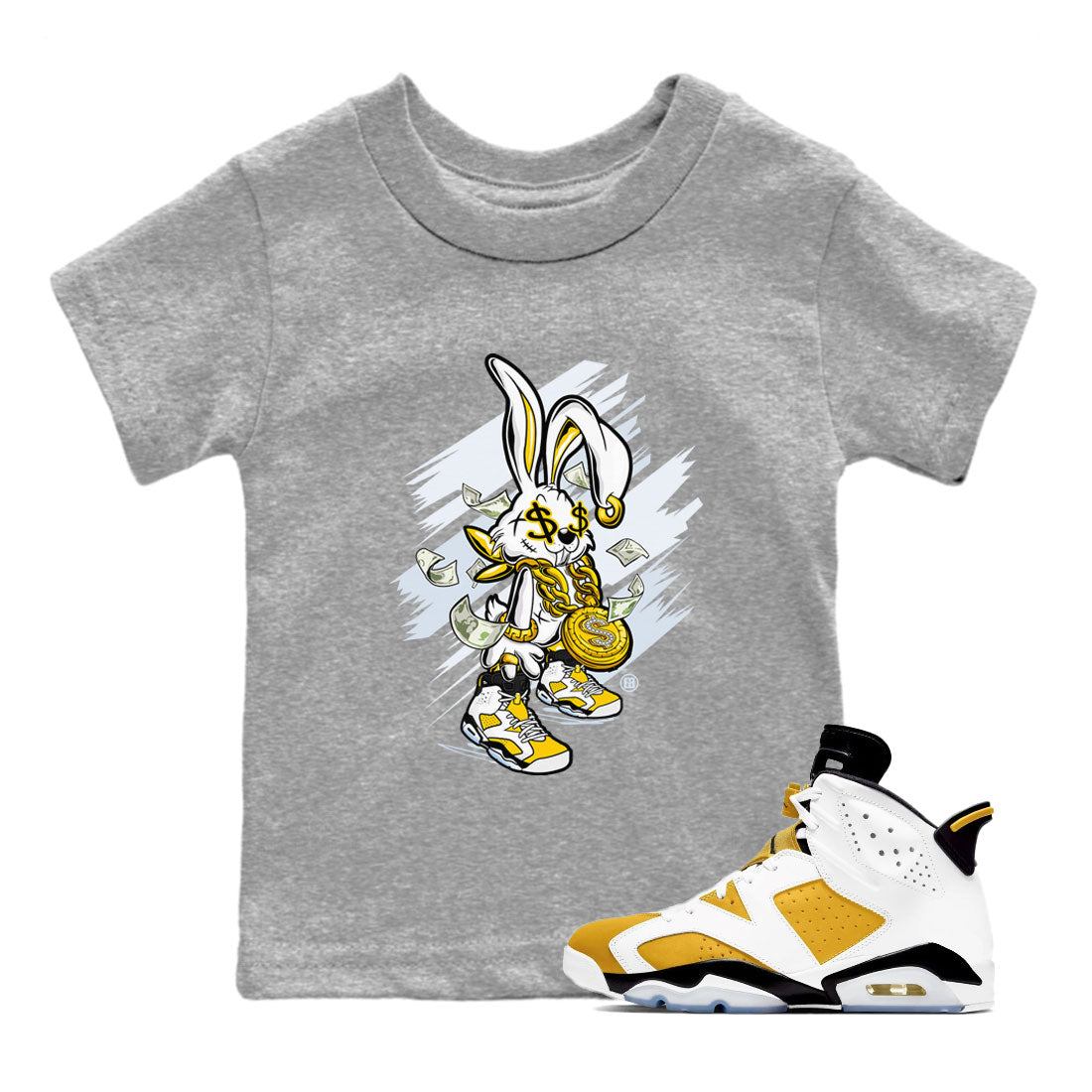 Air Jordan 6 Yellow Ochre shirt to match jordans Rich Bunny special sneaker matching tees AJ6 Yellow Ochre Drip Gear Zone Brand Baby Toddler Heather Grey 1 T-Shirt