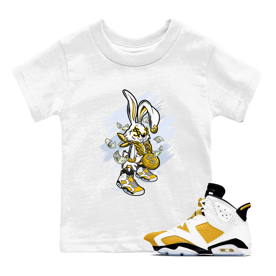 Air Jordan 6 Yellow Ochre shirt to match jordans Rich Bunny special sneaker matching tees AJ6 Yellow Ochre Drip Gear Zone Brand Baby Toddler White 1 T-Shirt